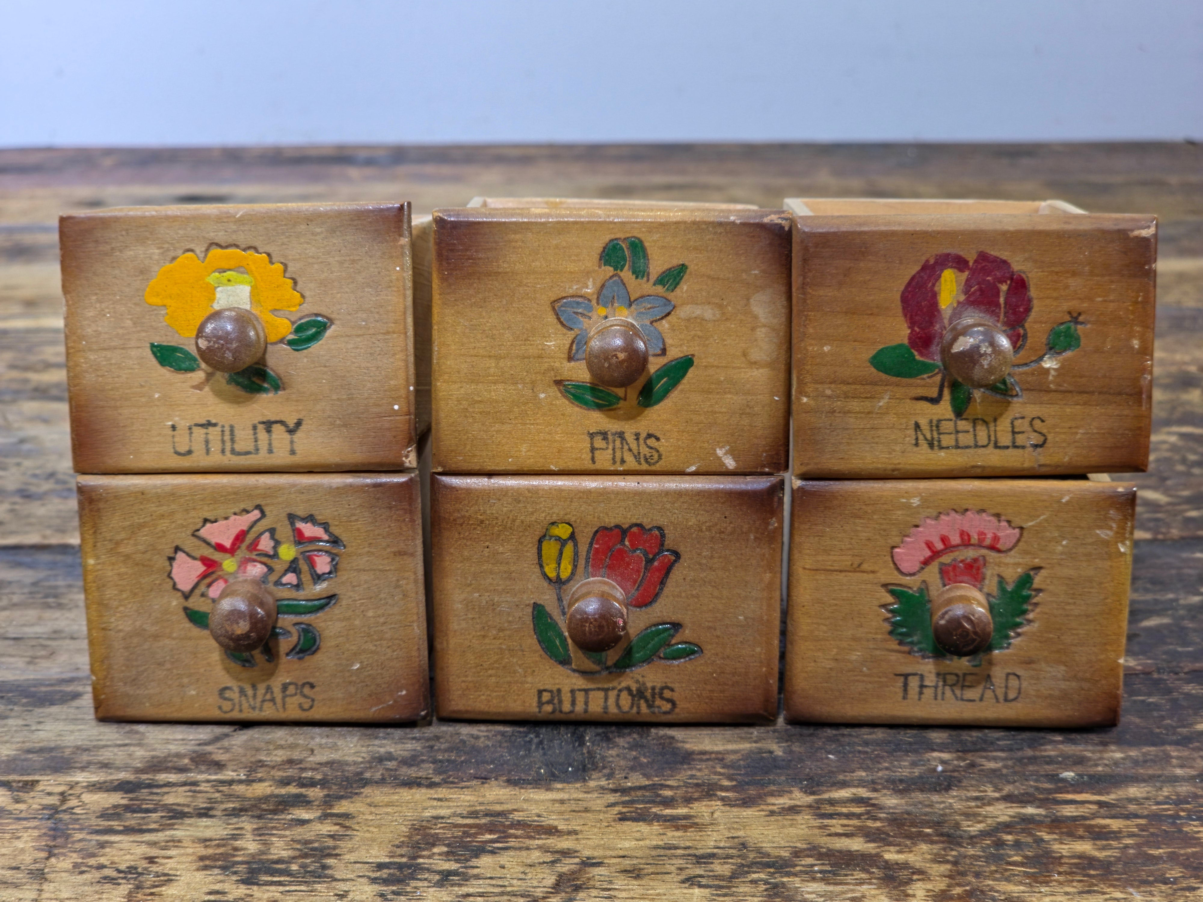 Vintage Japan Hand-Painted Wooden Sewing Cabinet - 6 Drawers Wall Mount Storage