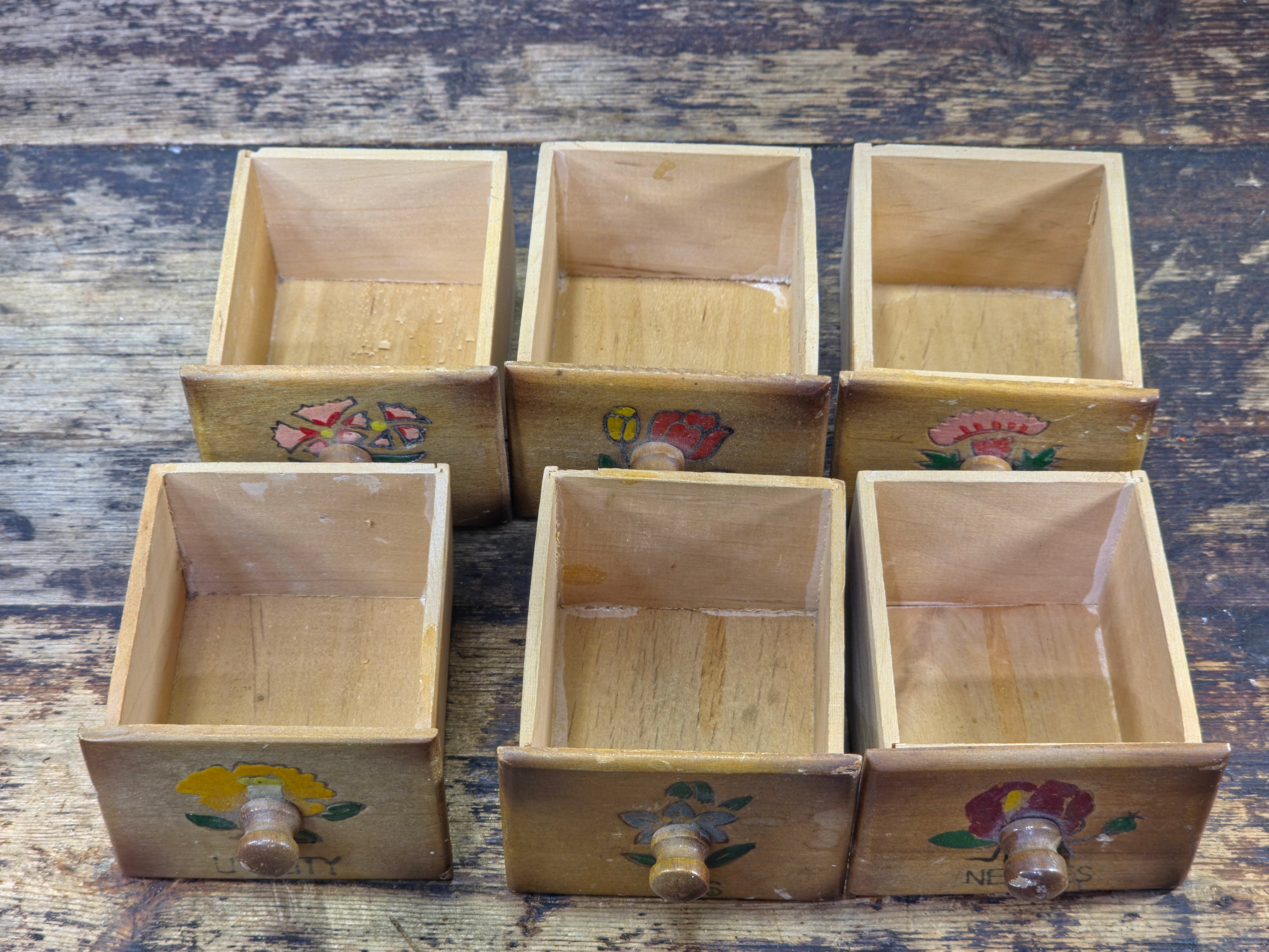 Vintage Japan Hand-Painted Wooden Sewing Cabinet - 6 Drawers Wall Mount Storage