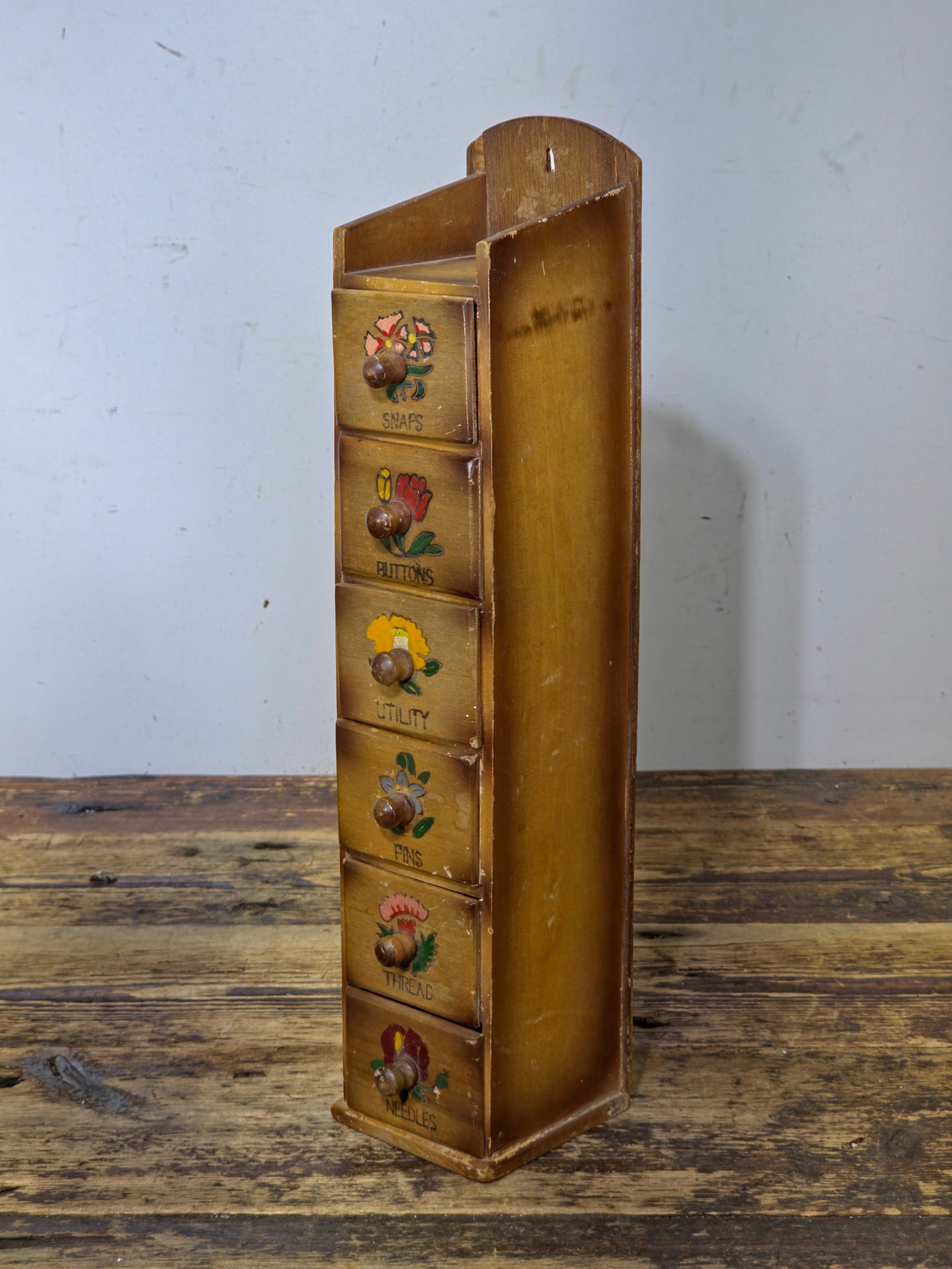 Vintage Japan Hand-Painted Wooden Sewing Cabinet - 6 Drawers Wall Mount Storage