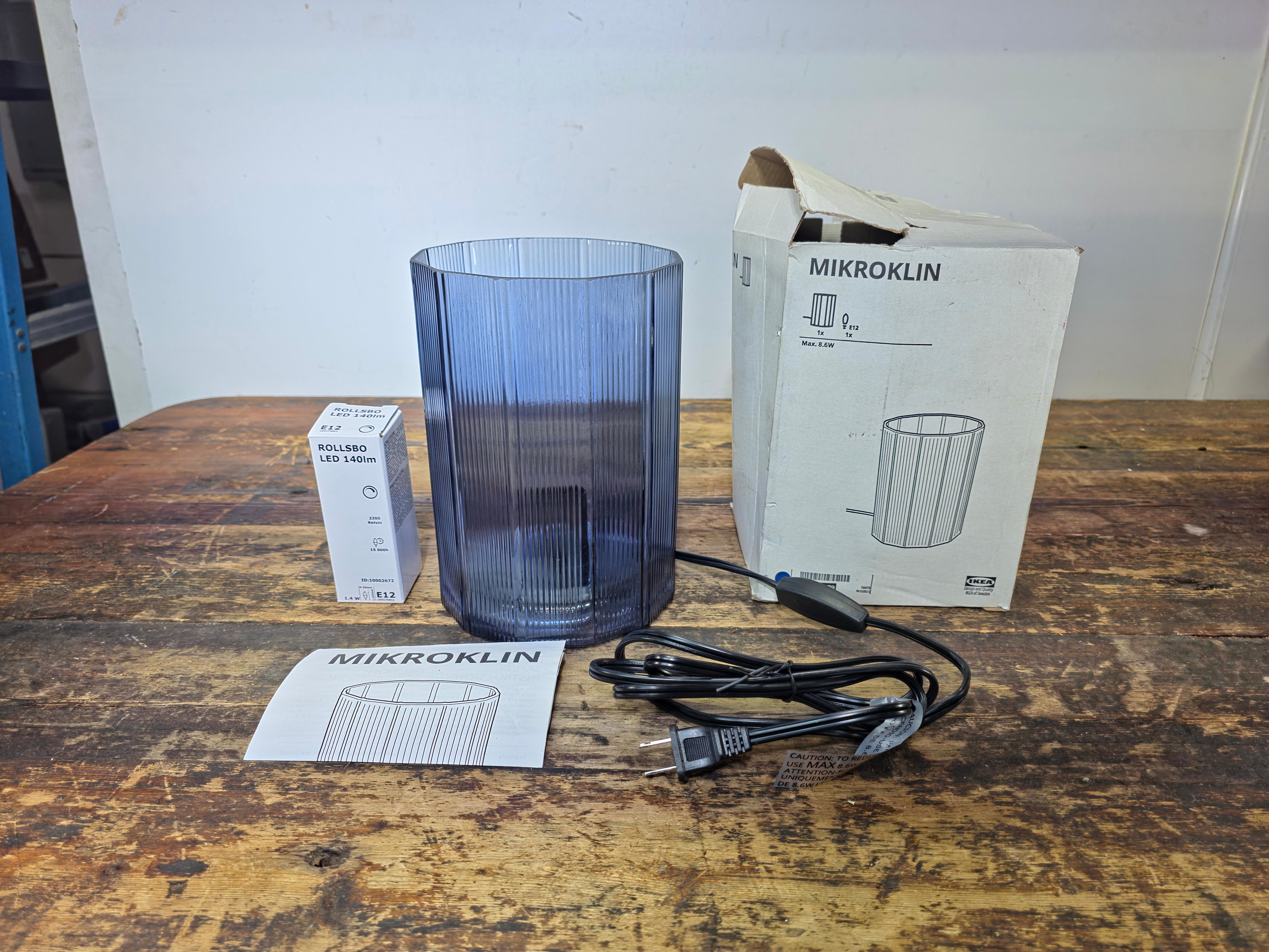 IKEA MIKROKLIN Table Lamp - 12-Sided Ribbed Glass Prism - Blue/Purple Smoke
