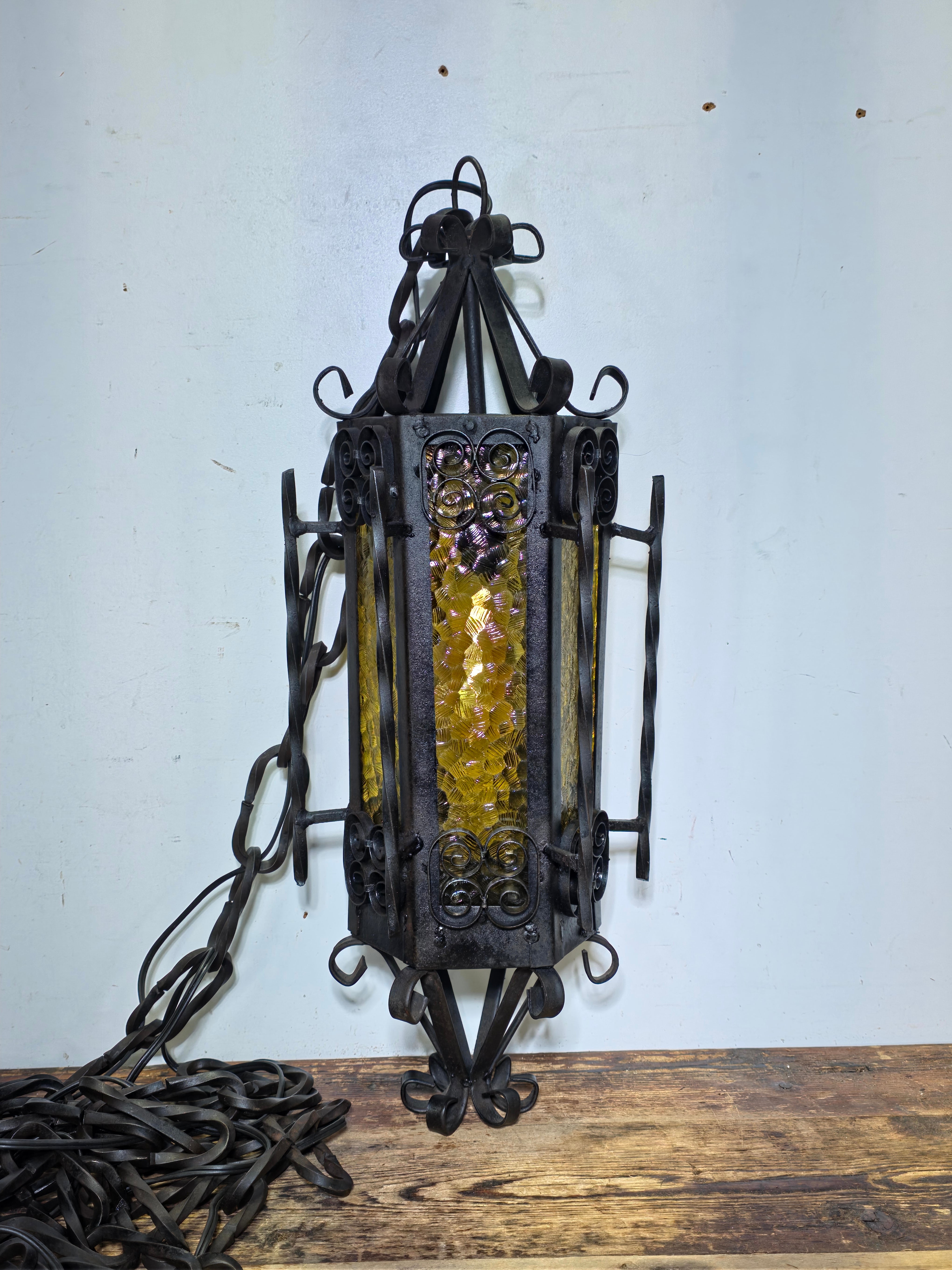 Vintage Spanish Gothic Revival Wrought Iron Swag Lamp - 22.5"H