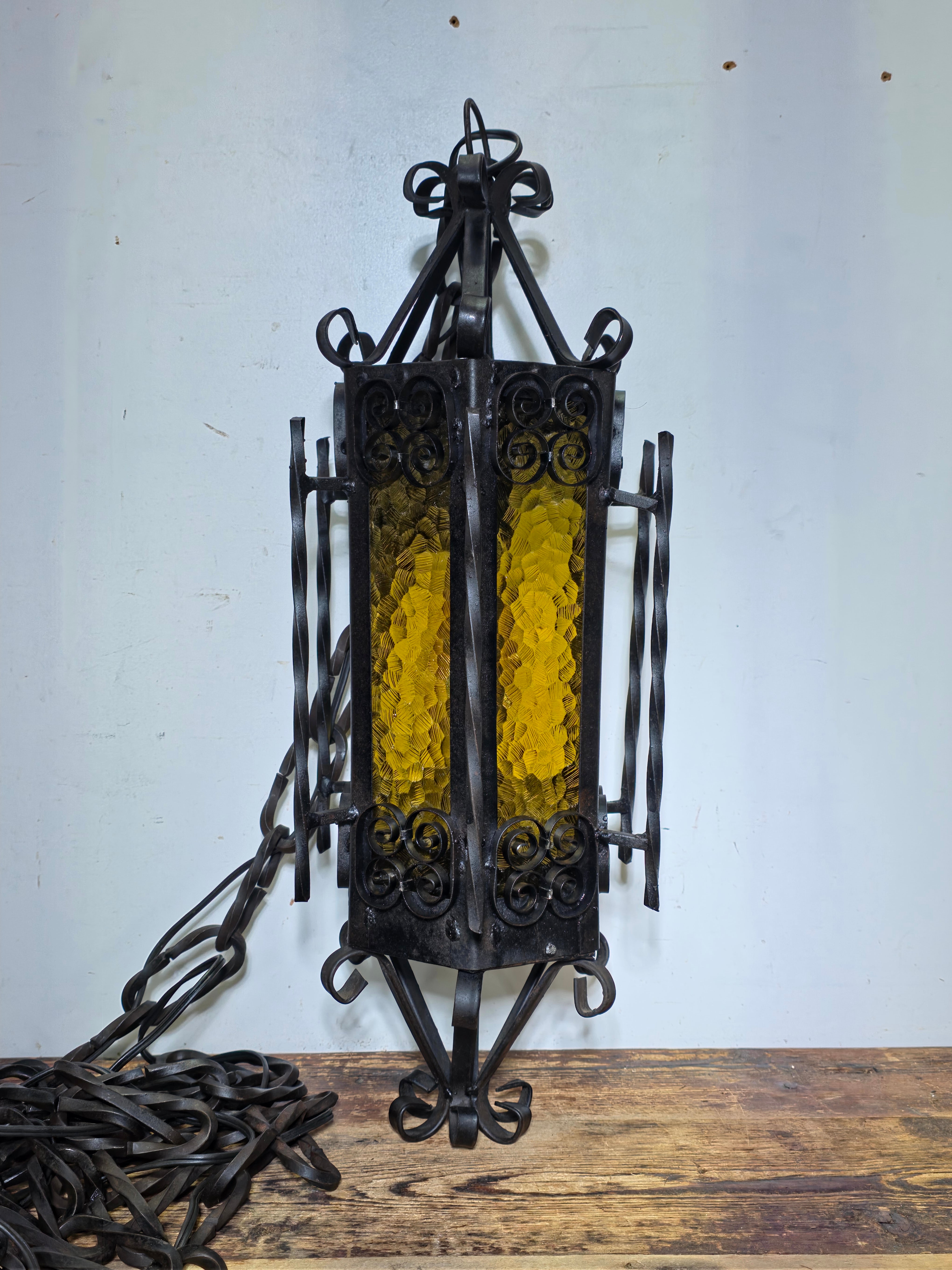 Vintage Spanish Gothic Revival Wrought Iron Swag Lamp - 22.5"H