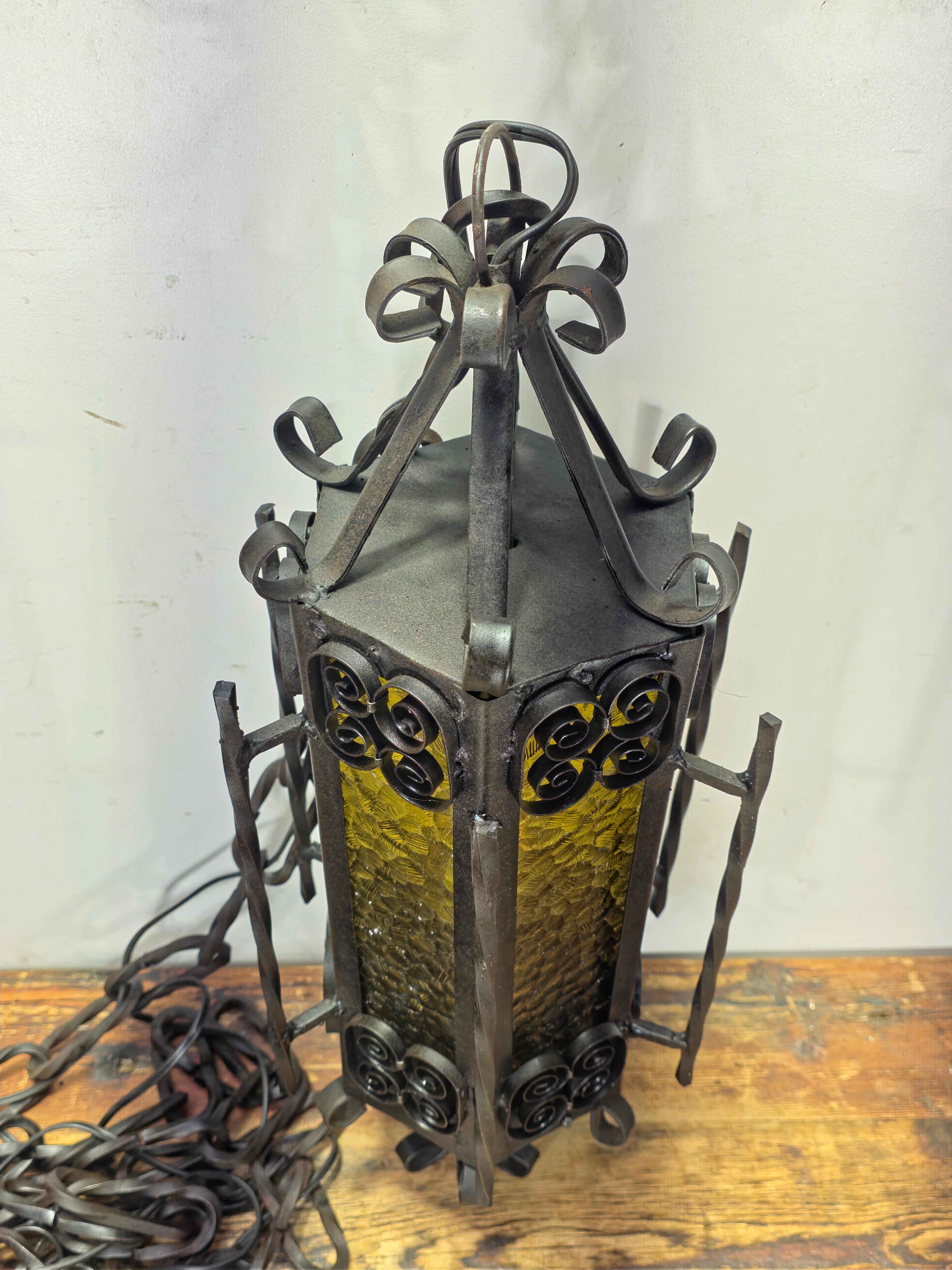 Vintage Spanish Gothic Revival Wrought Iron Swag Lamp - 22.5"H