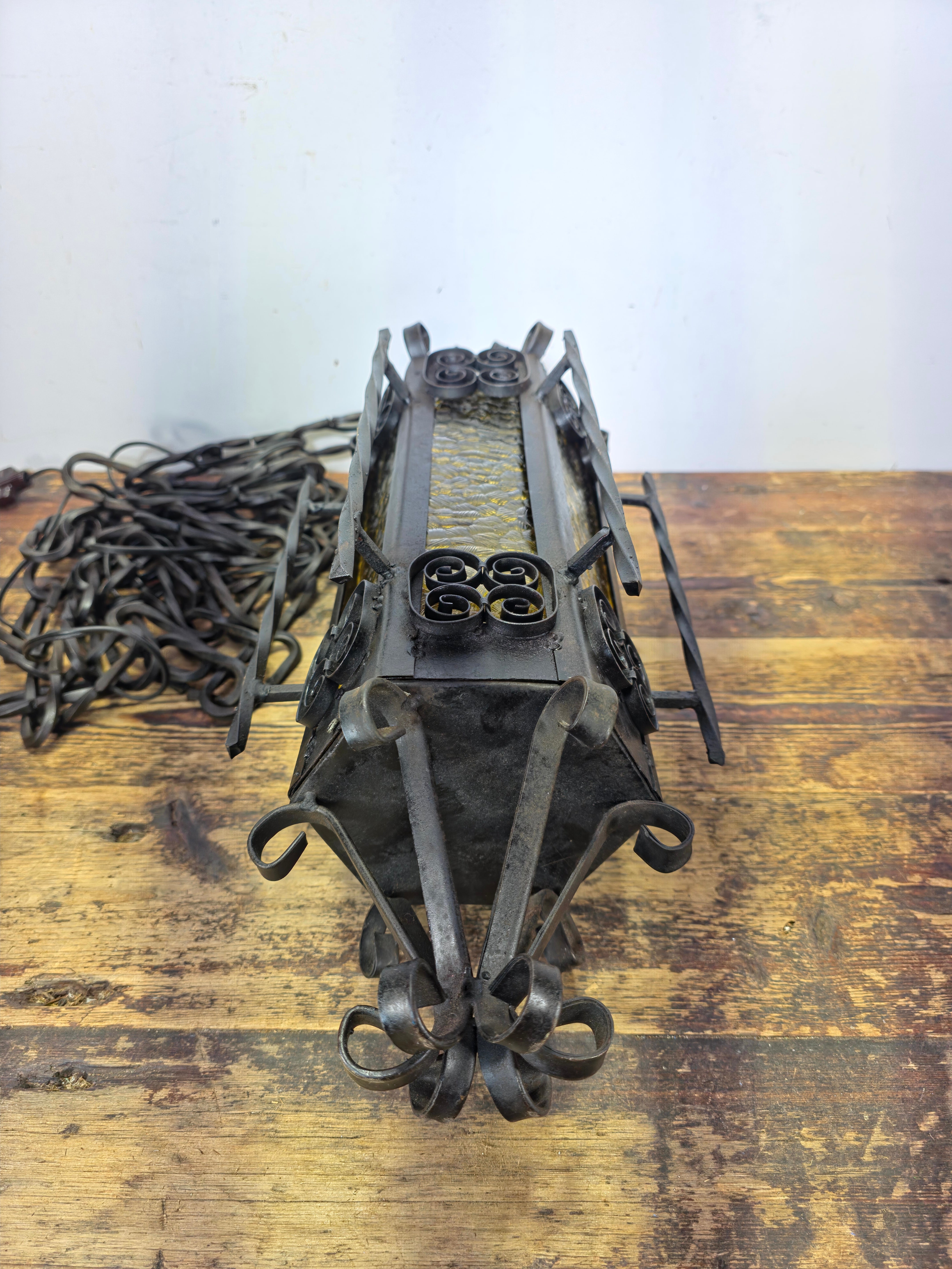 Vintage Spanish Gothic Revival Wrought Iron Swag Lamp - 22.5"H