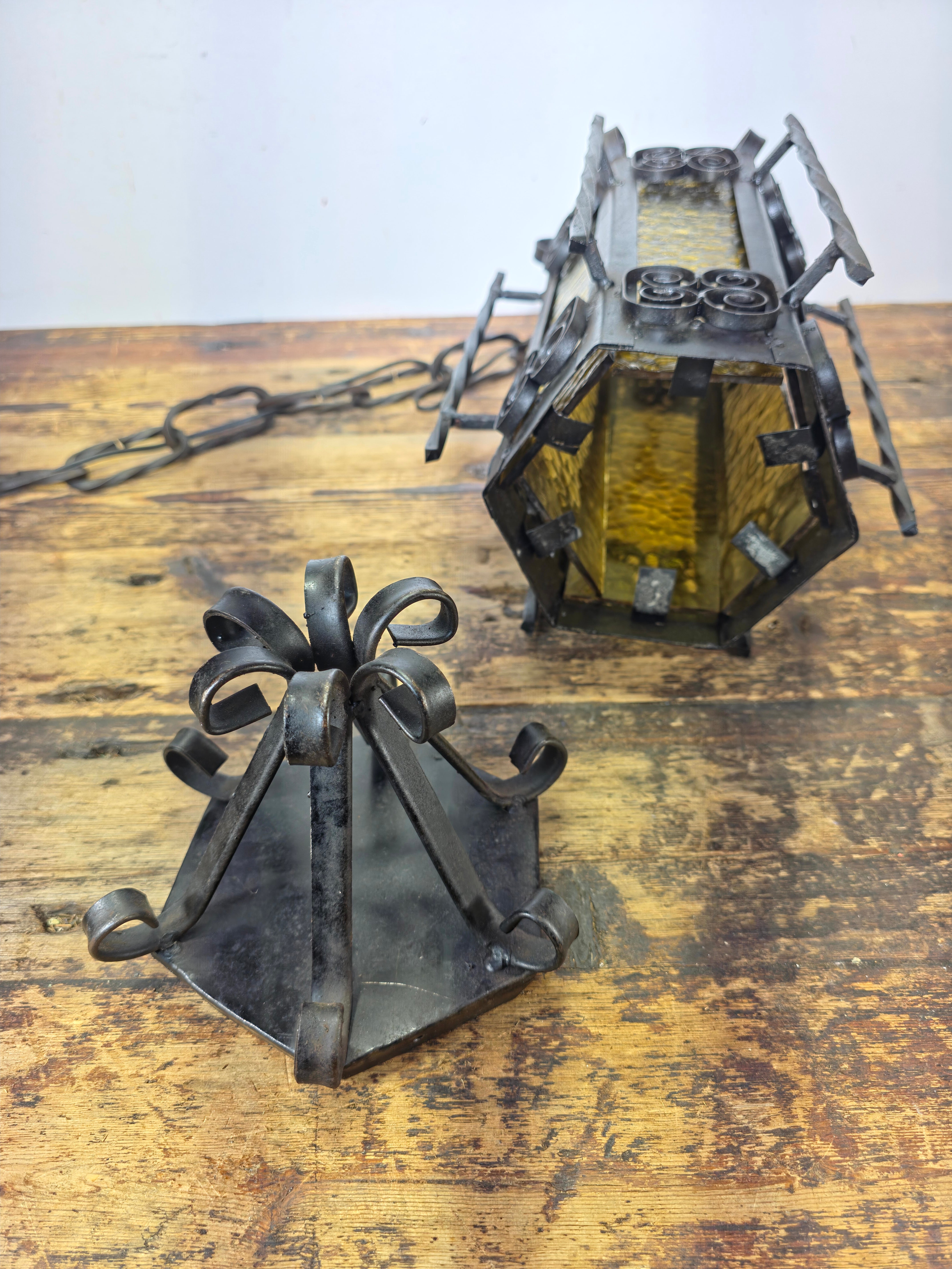 Vintage Spanish Gothic Revival Wrought Iron Swag Lamp - 22.5"H