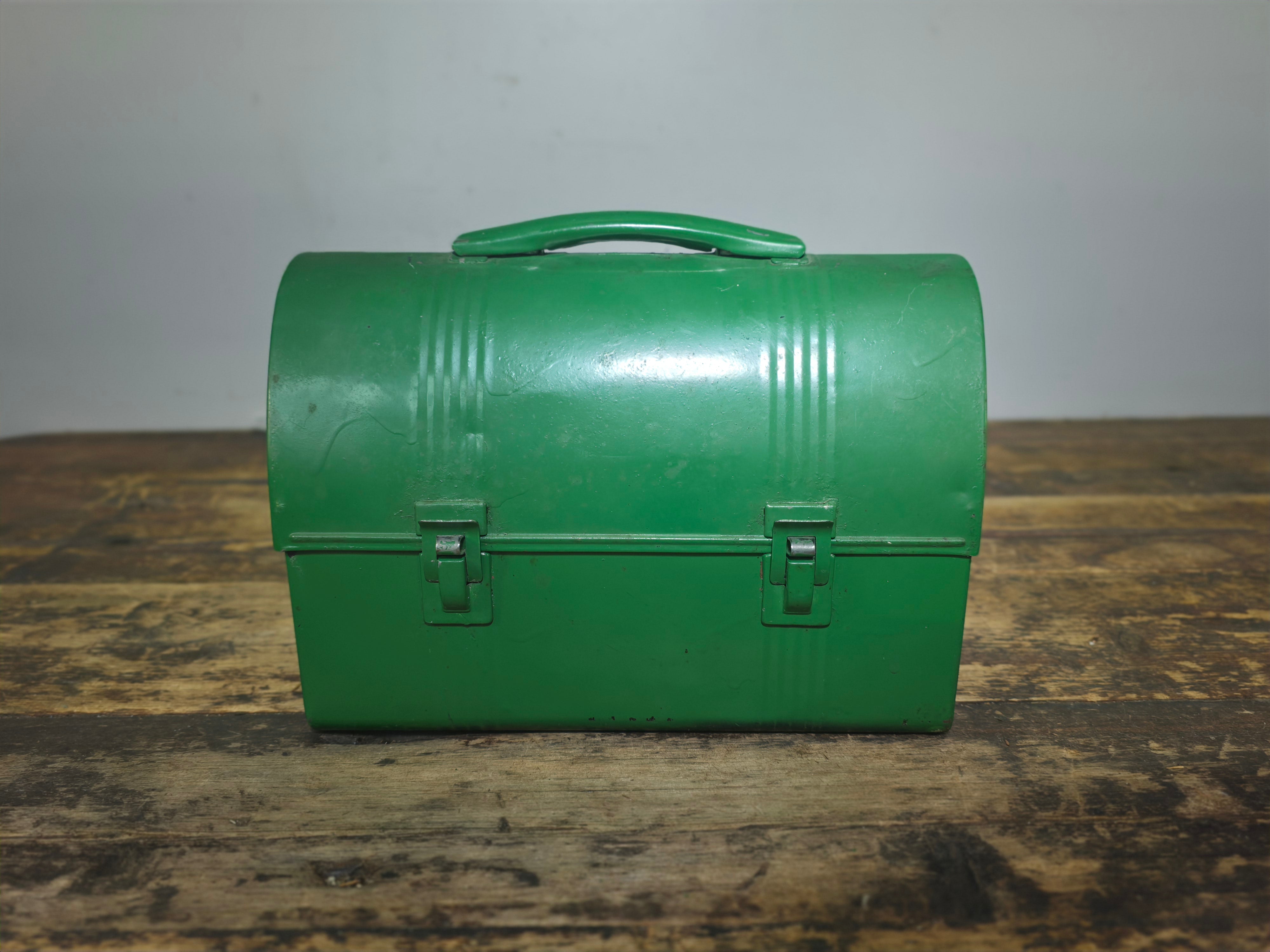 Vintage Industrial Dome-Top Metal Lunch Box - Deep Green Repaint Rustic