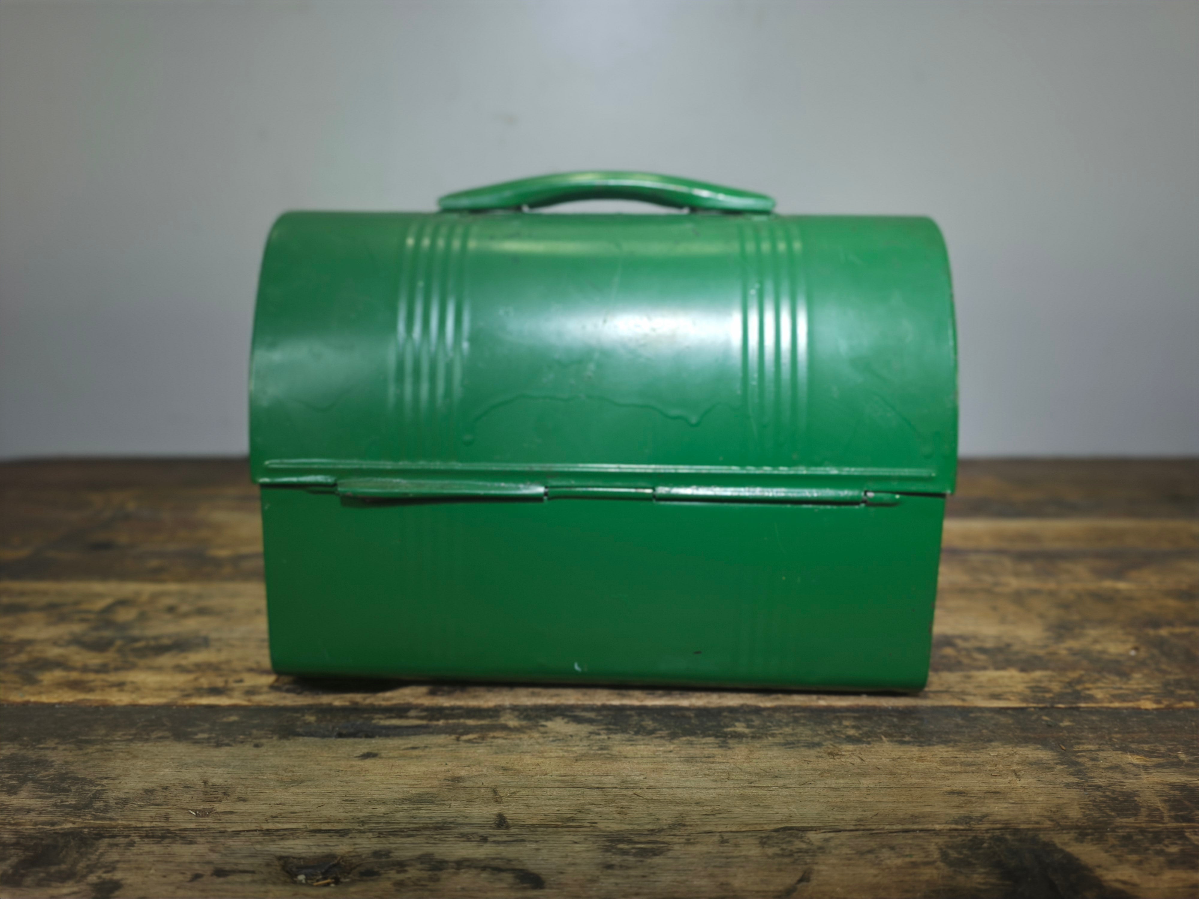 Vintage Industrial Dome-Top Metal Lunch Box - Deep Green Repaint Rustic