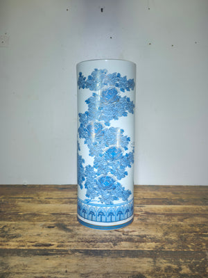 18" Vintage Kutani Vase Umbrella Stand Blue & White Gold Peony Bunho Japan
