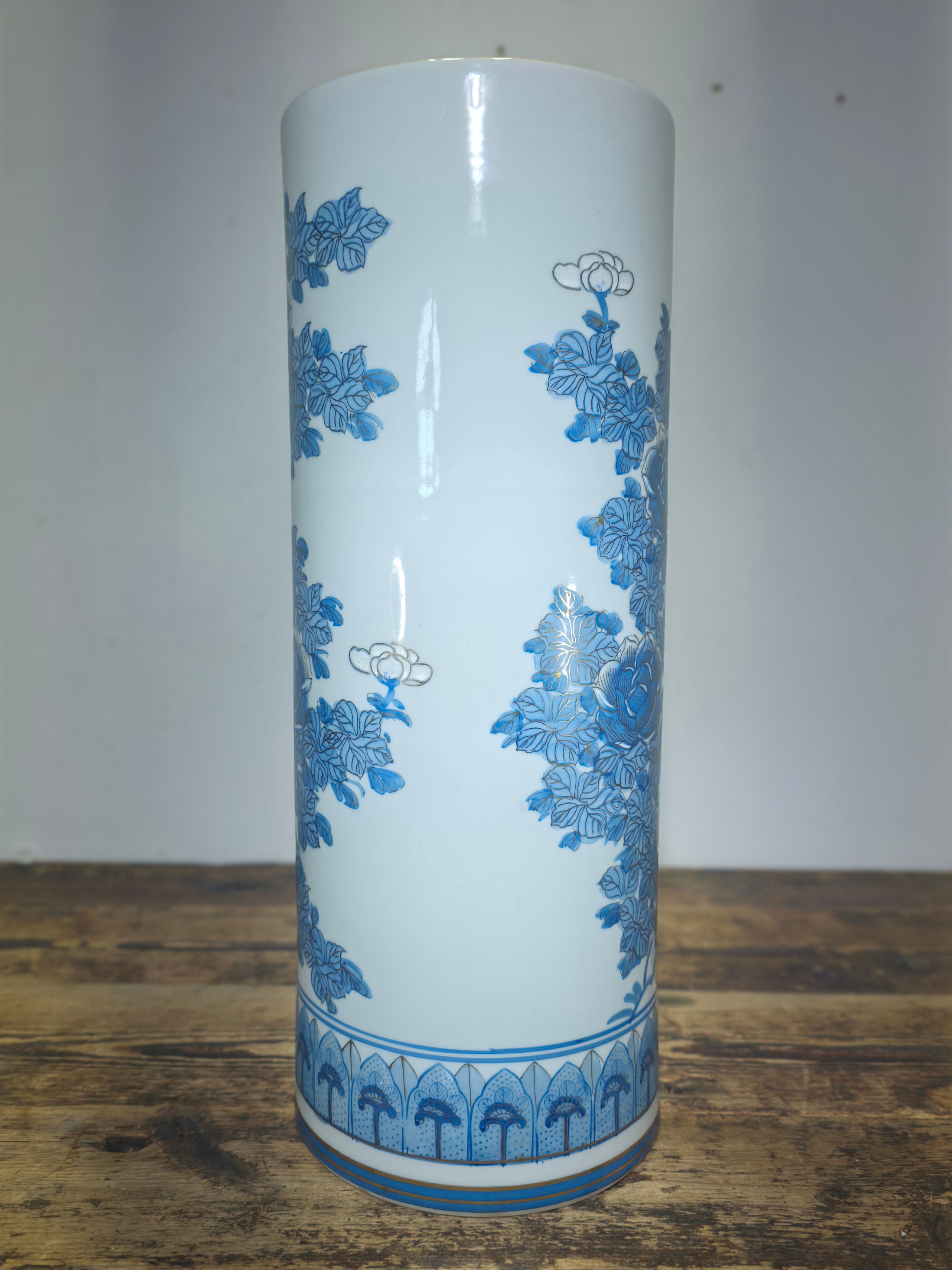 18" Vintage Kutani Vase Umbrella Stand Blue & White Gold Peony Bunho Japan