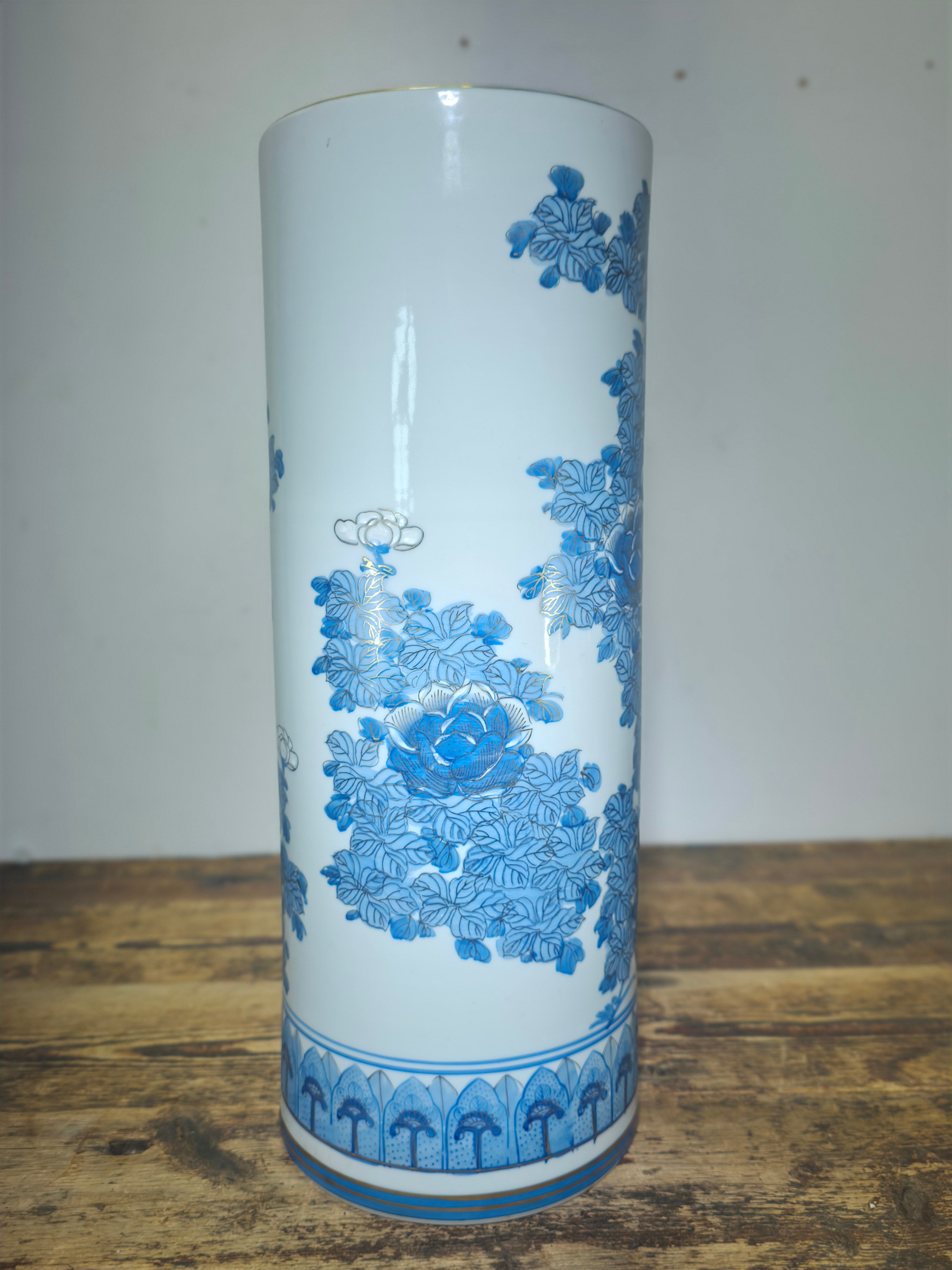 18" Vintage Kutani Vase Umbrella Stand Blue & White Gold Peony Bunho Japan