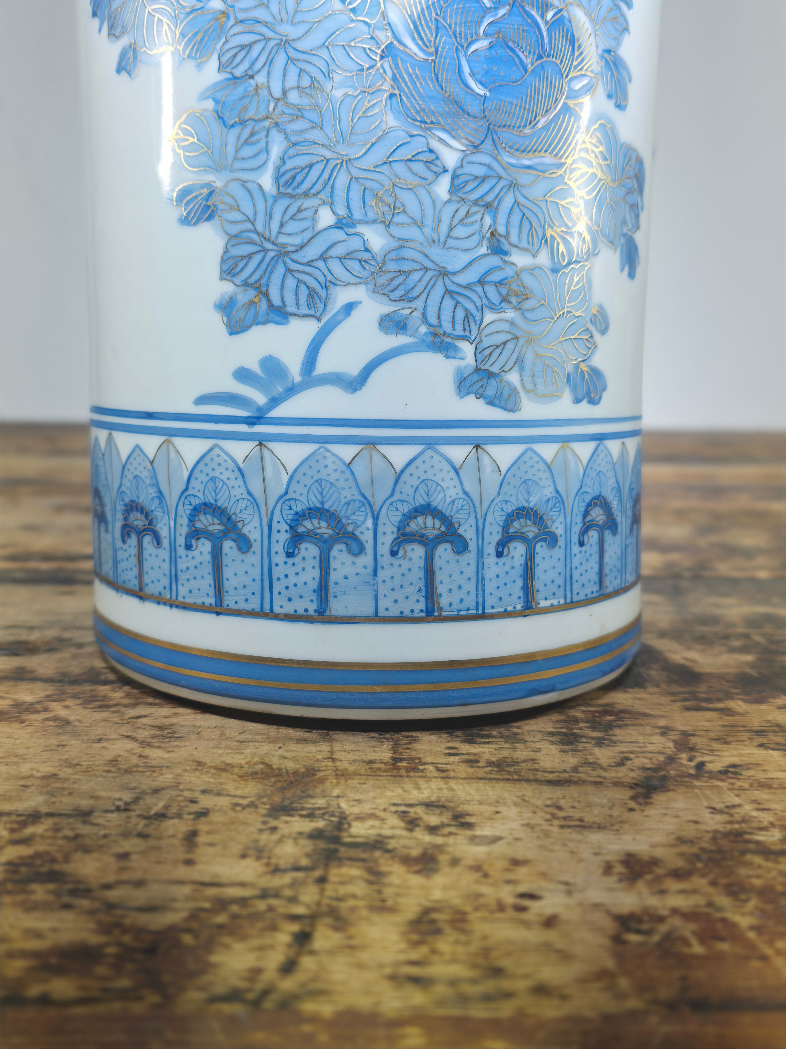 18" Vintage Kutani Vase Umbrella Stand Blue & White Gold Peony Bunho Japan