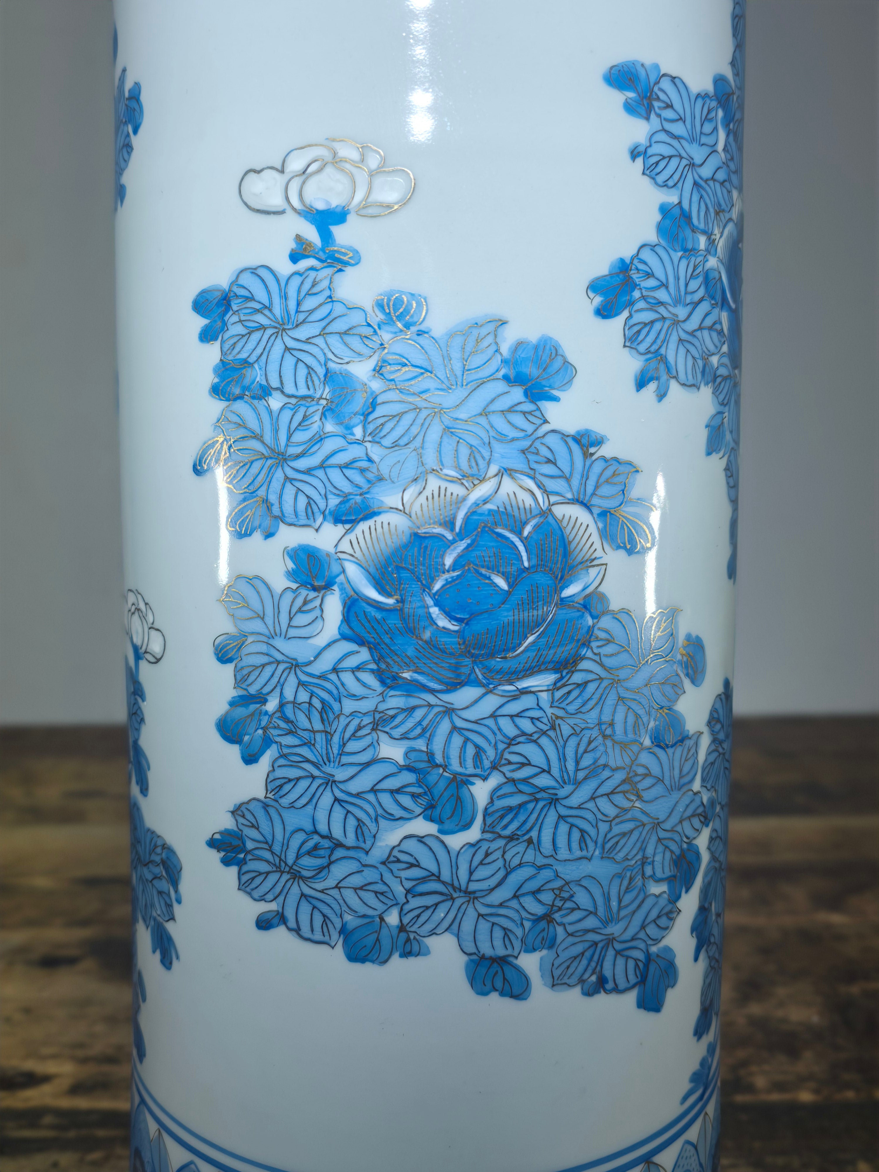 18" Vintage Kutani Vase Umbrella Stand Blue & White Gold Peony Bunho Japan