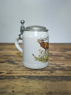 Vintage German Beer Stein - Classic Elk Wildlife Scene - Signed Rein Zinn Pewter