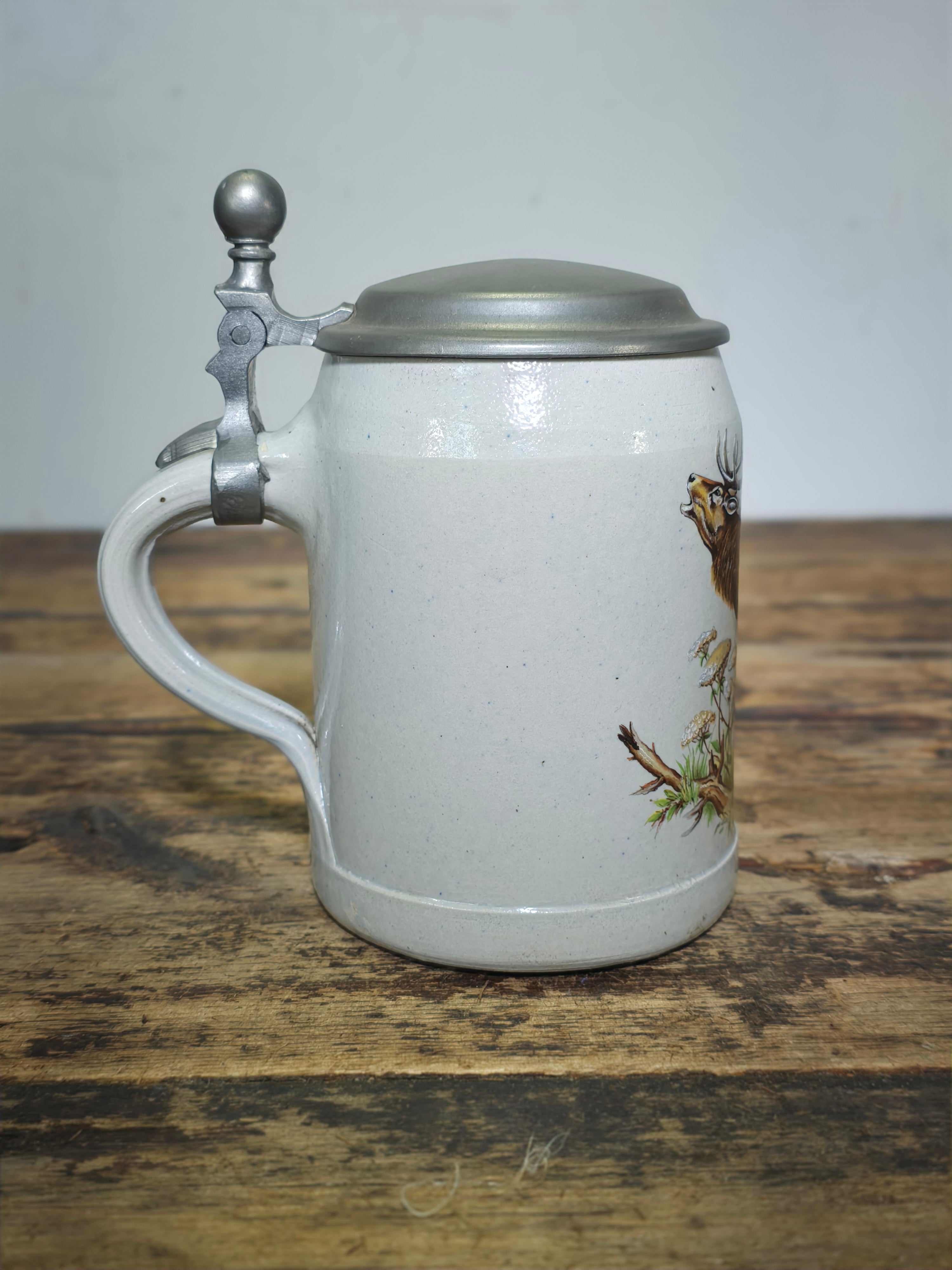 Vintage German Beer Stein - Classic Elk Wildlife Scene - Signed Rein Zinn Pewter