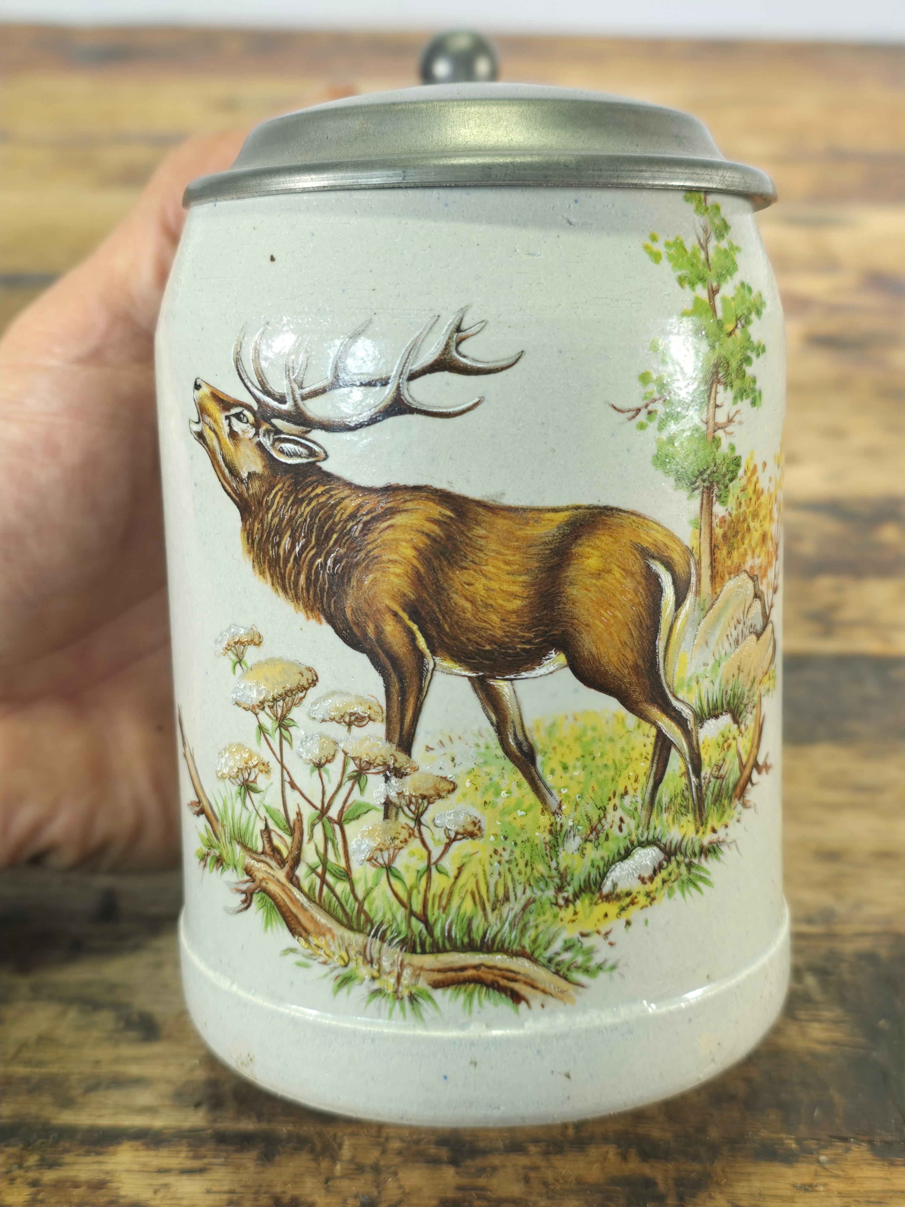 Vintage German Beer Stein - Classic Elk Wildlife Scene - Signed Rein Zinn Pewter