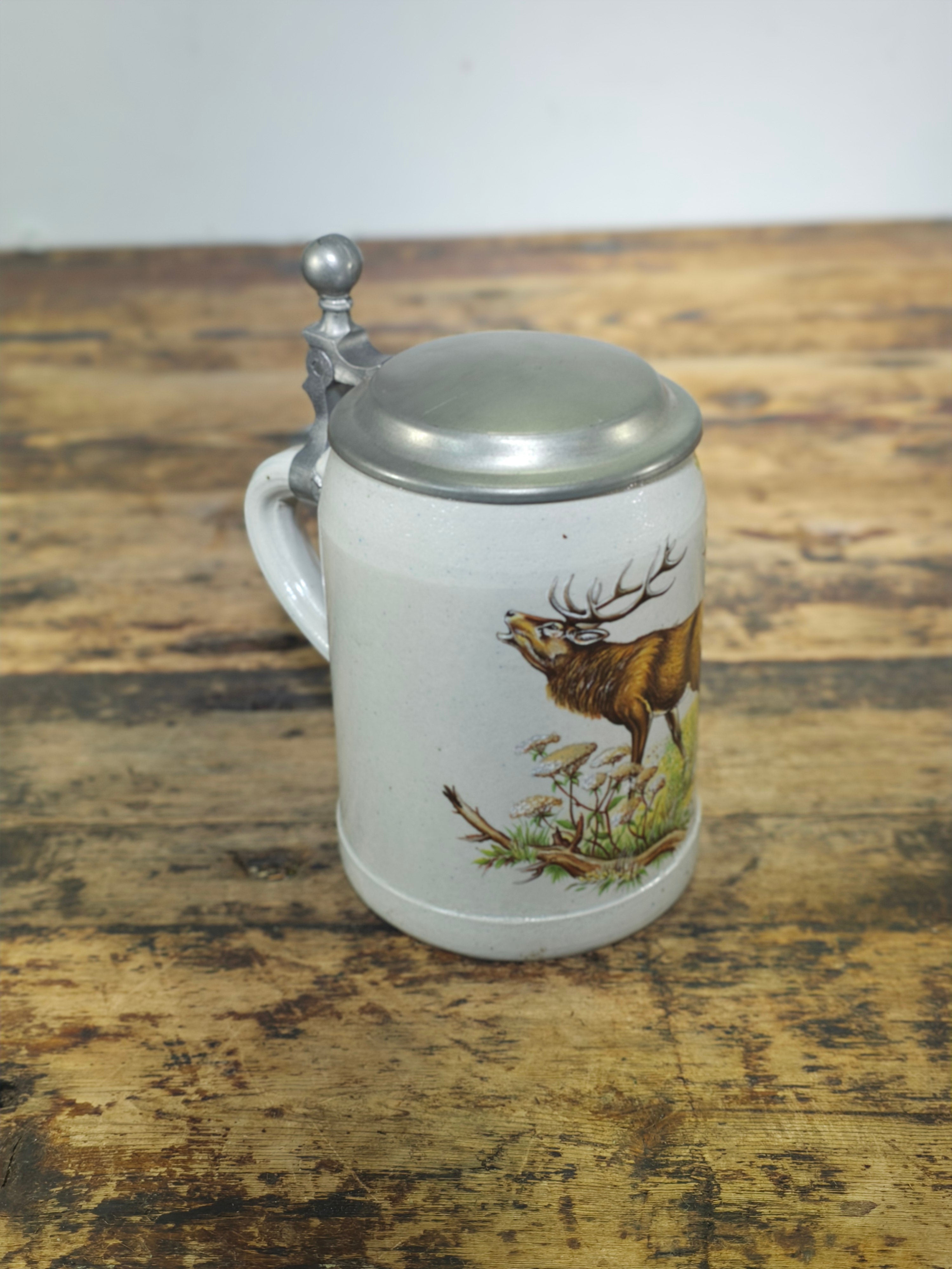 Vintage German Beer Stein - Classic Elk Wildlife Scene - Signed Rein Zinn Pewter