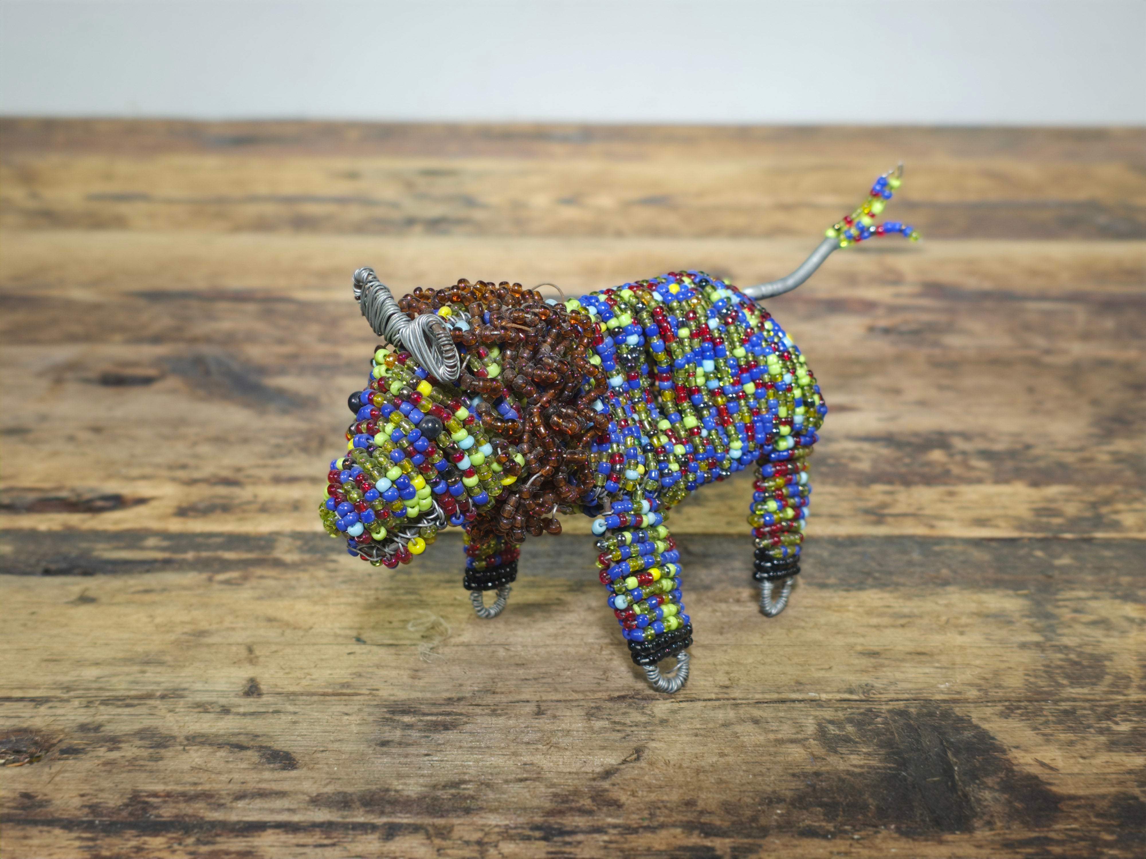 Vintage South African Hand-Beaded Wire Art Figurine - Lion with Mane - Folk Art