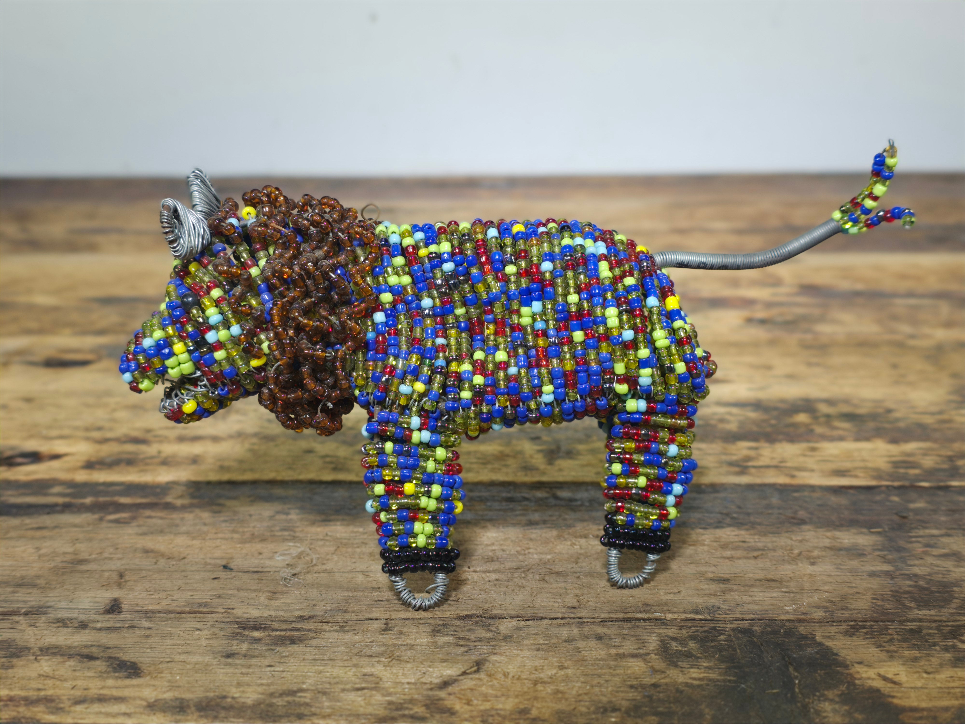 Vintage South African Hand-Beaded Wire Art Figurine - Lion with Mane - Folk Art