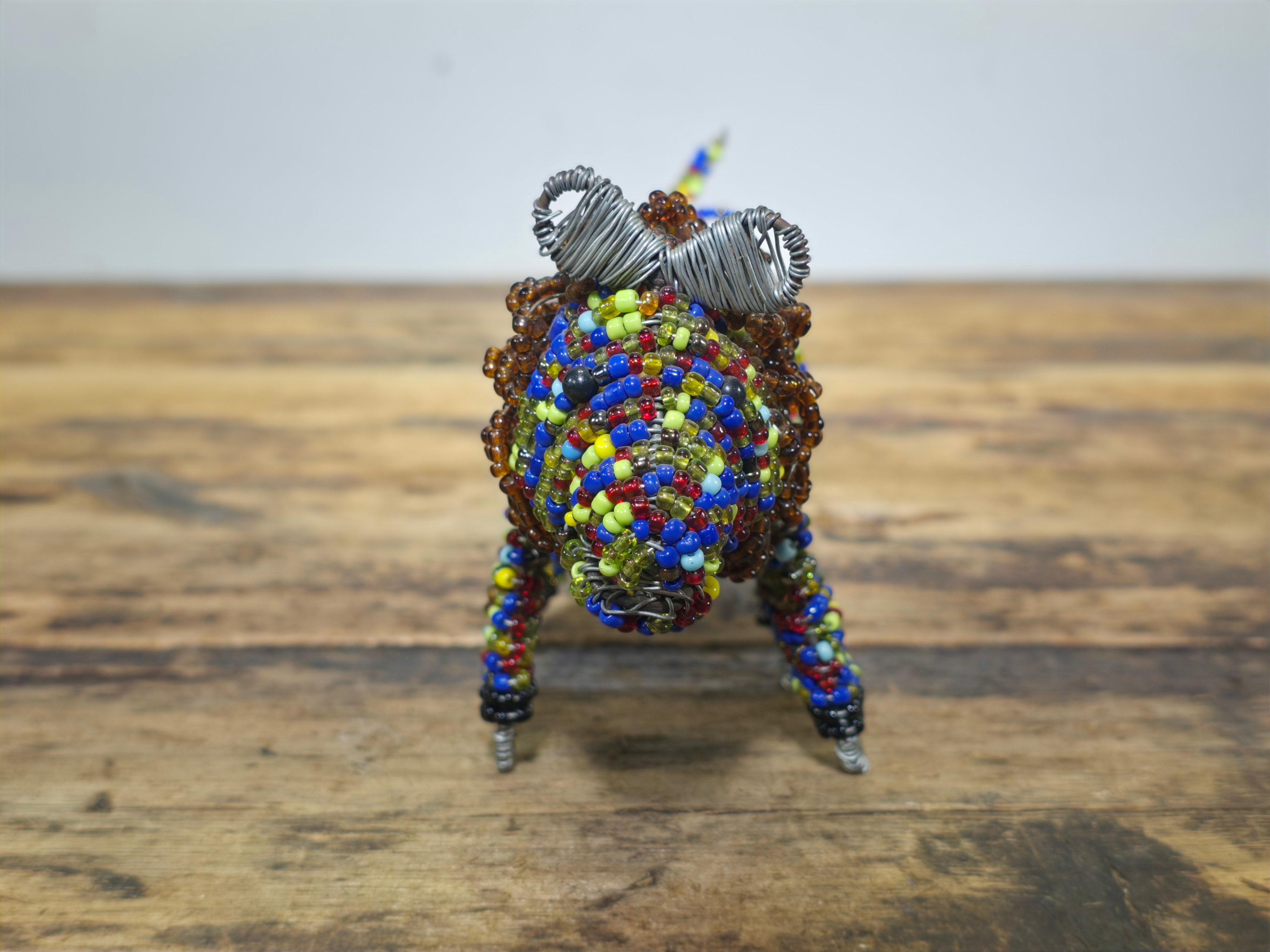 Vintage South African Hand-Beaded Wire Art Figurine - Lion with Mane - Folk Art