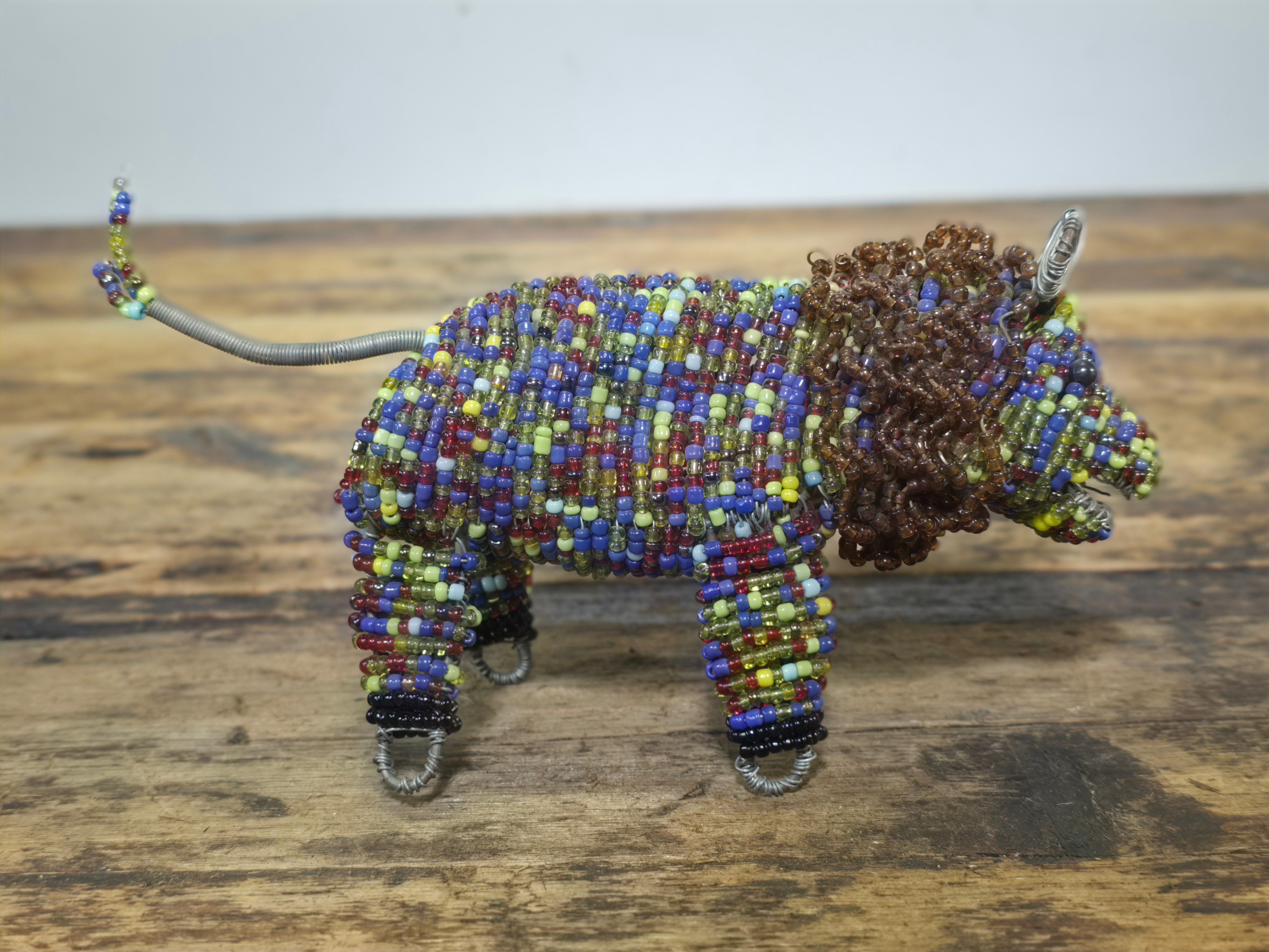 Vintage South African Hand-Beaded Wire Art Figurine - Lion with Mane - Folk Art