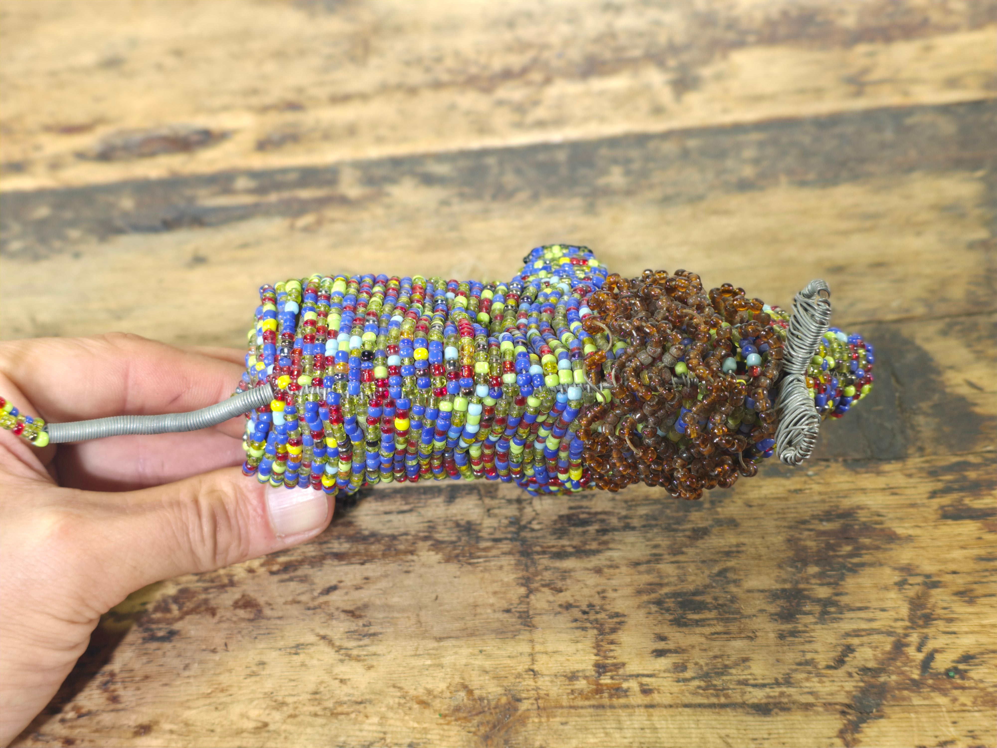 Vintage South African Hand-Beaded Wire Art Figurine - Lion with Mane - Folk Art