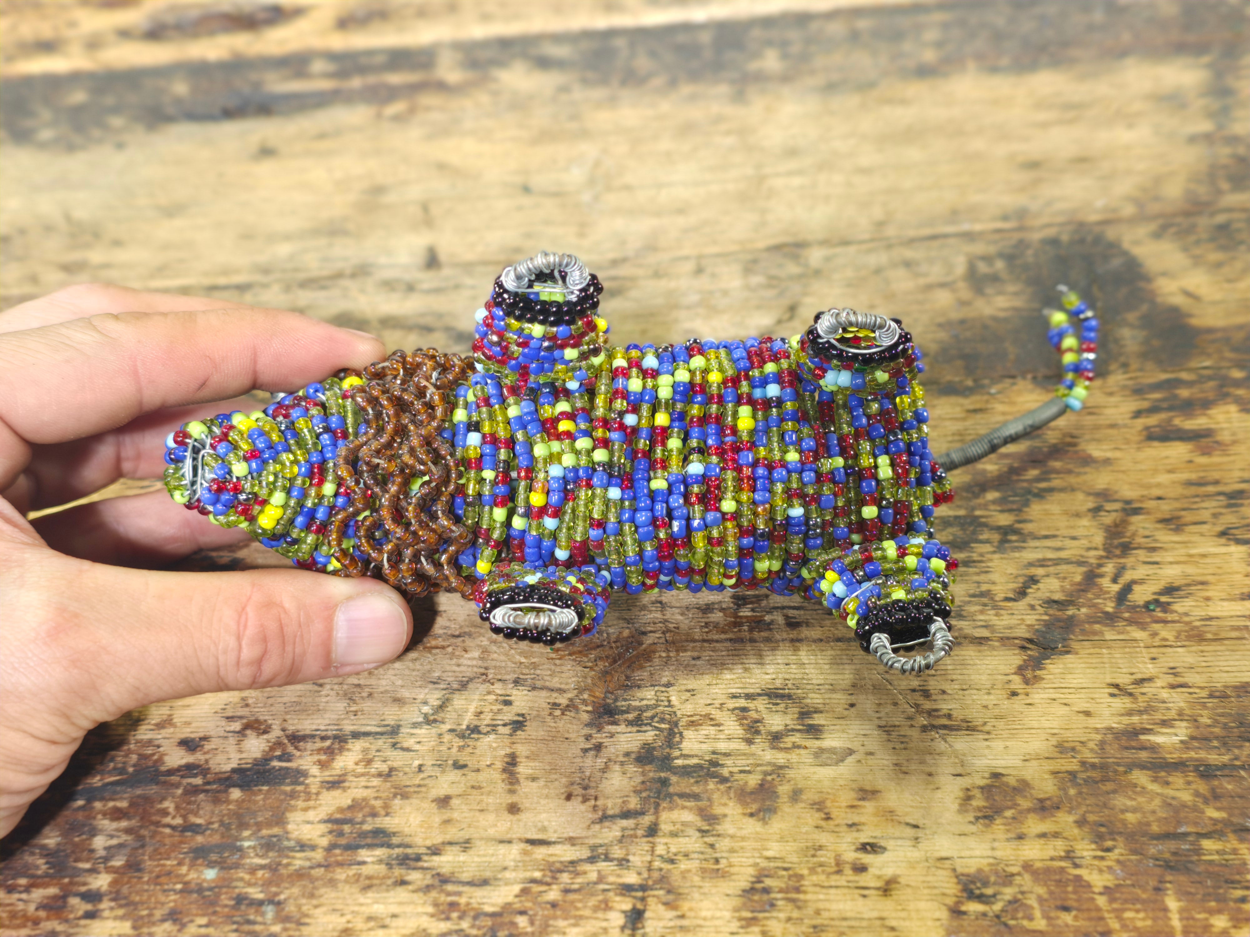 Vintage South African Hand-Beaded Wire Art Figurine - Lion with Mane - Folk Art