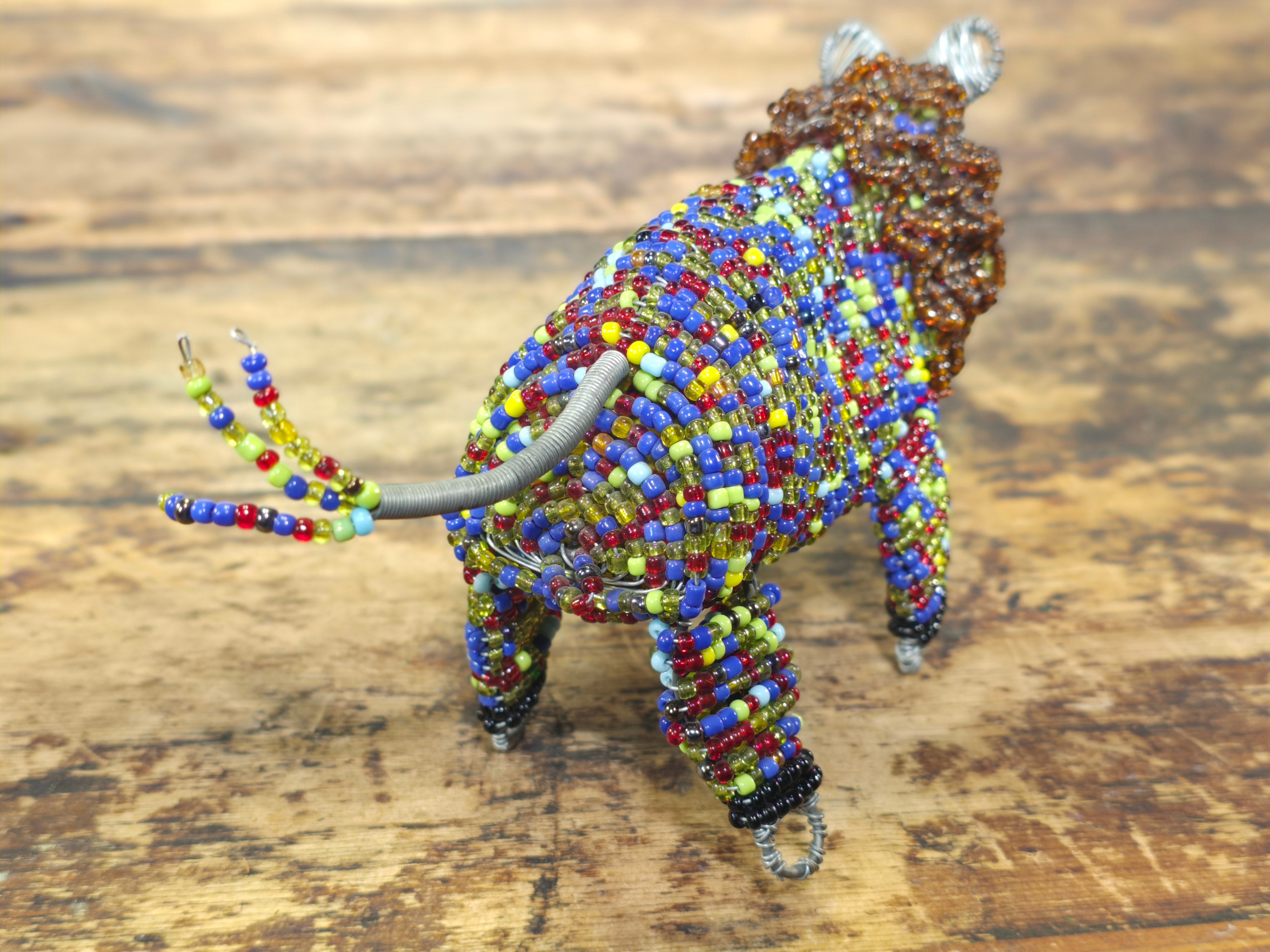 Vintage South African Hand-Beaded Wire Art Figurine - Lion with Mane - Folk Art