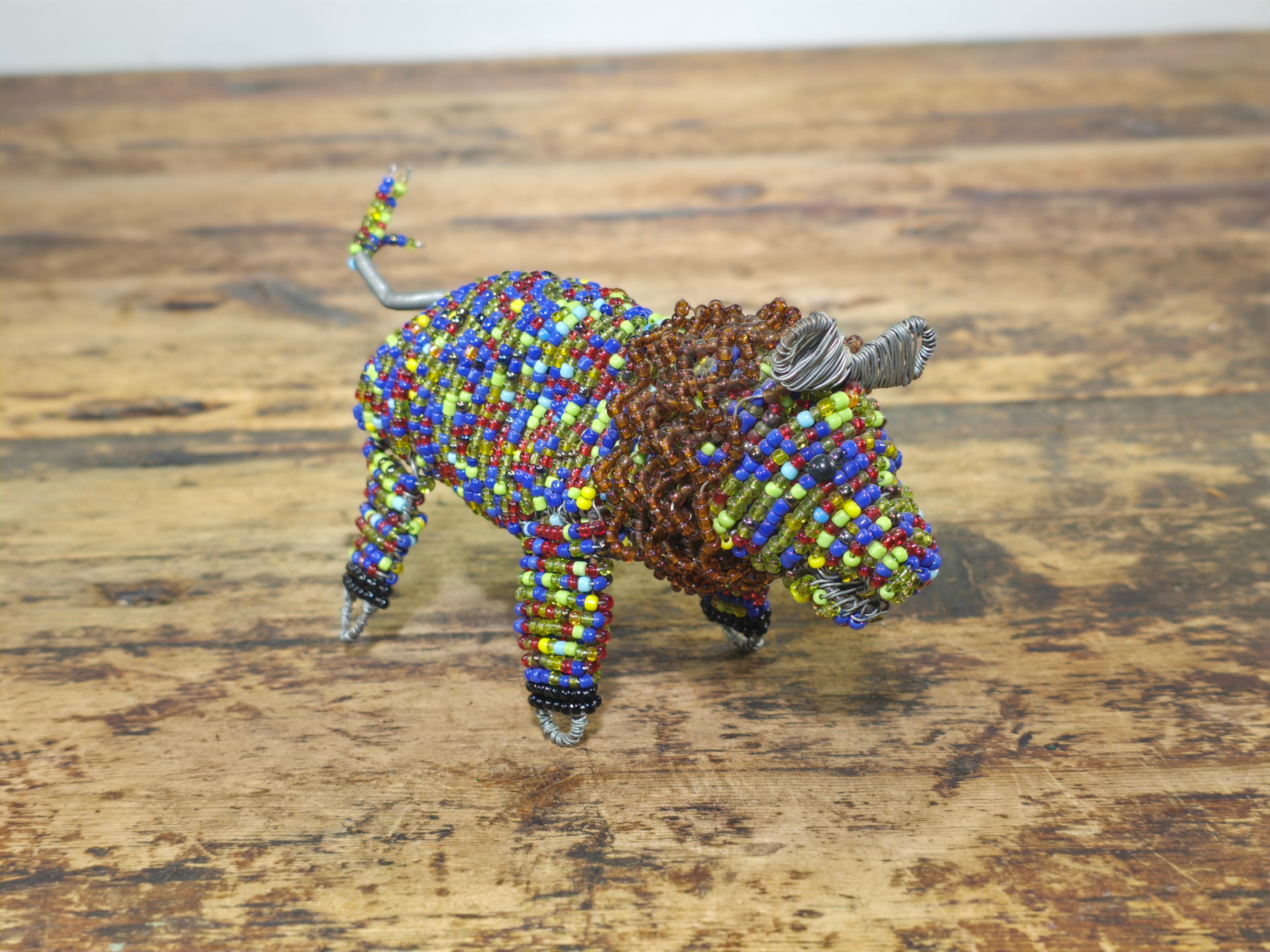 Vintage South African Hand-Beaded Wire Art Figurine - Lion with Mane - Folk Art