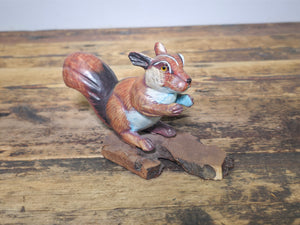 Vintage Hand-Carved Wood Squirrel Figurine on Natural Bark Base