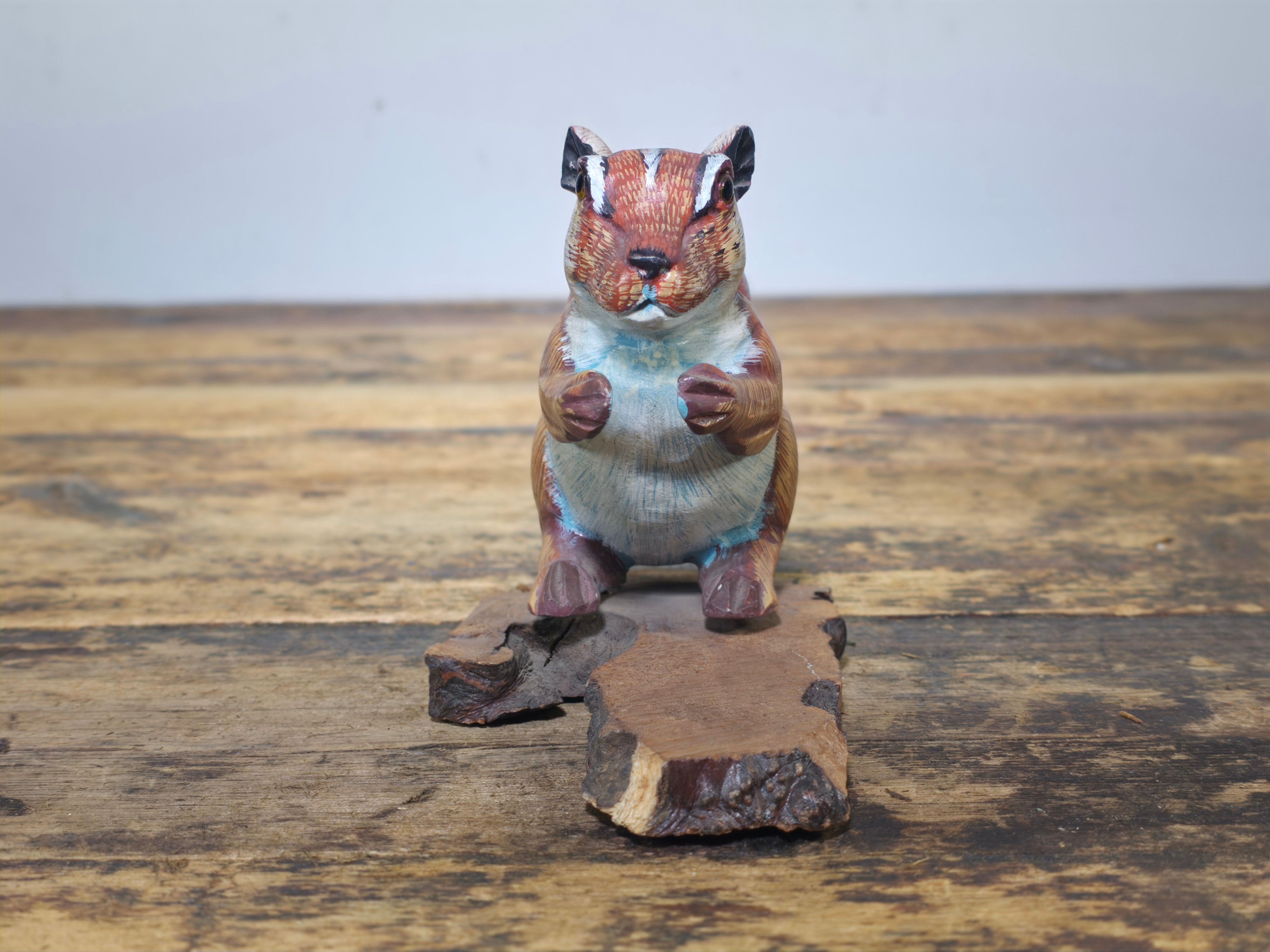Vintage Hand-Carved Wood Squirrel Figurine on Natural Bark Base