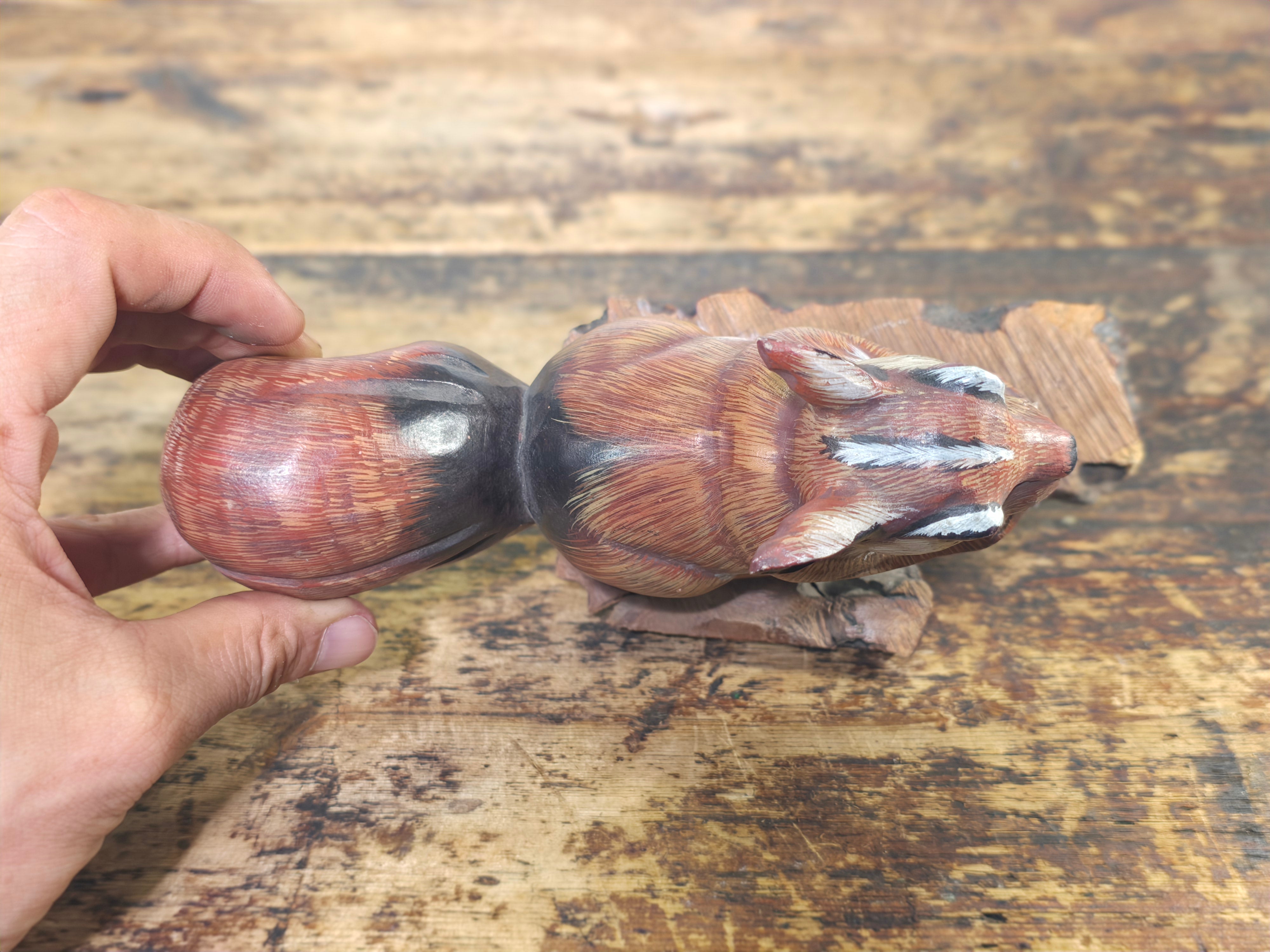 Vintage Hand-Carved Wood Squirrel Figurine on Natural Bark Base