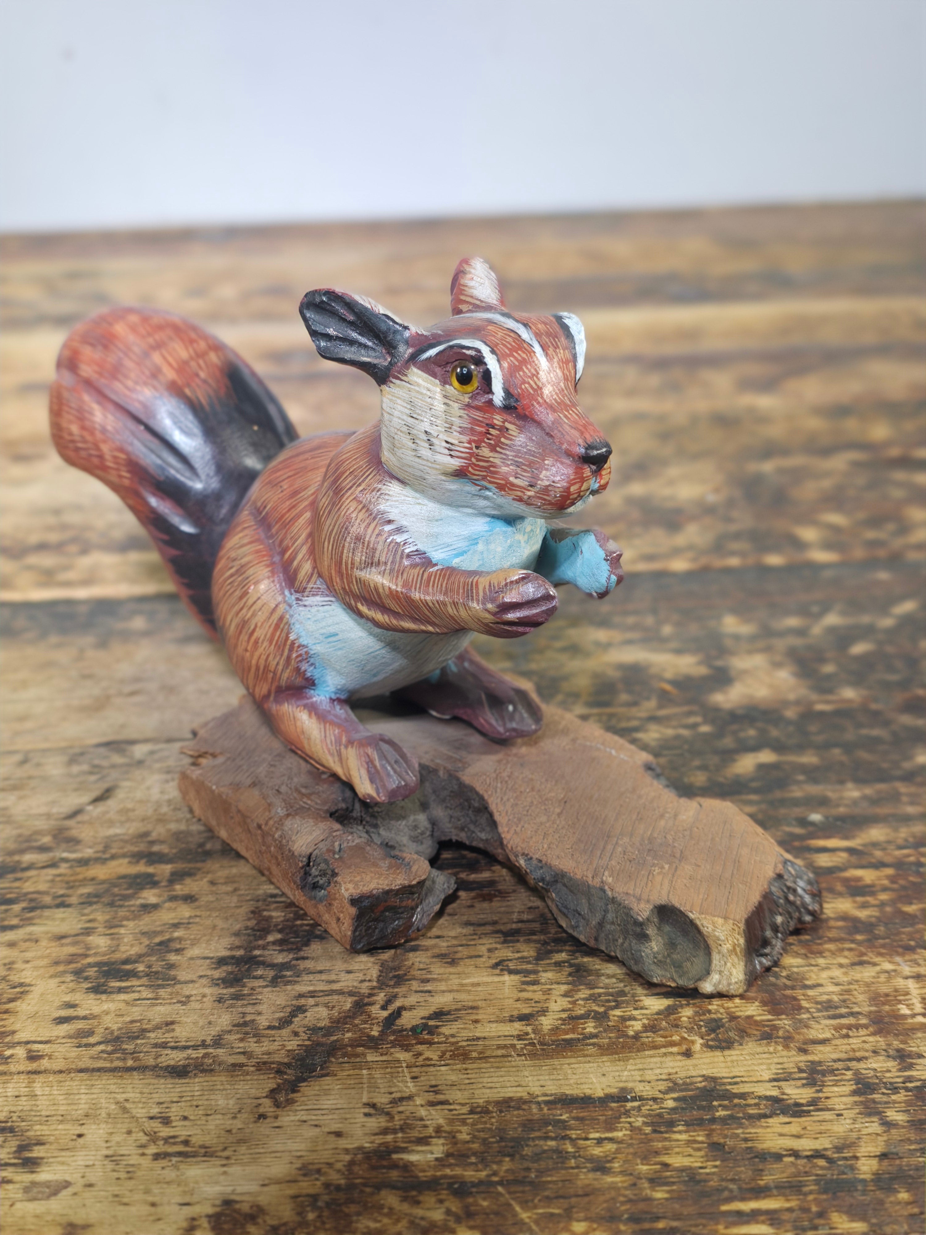 Vintage Hand-Carved Wood Squirrel Figurine on Natural Bark Base