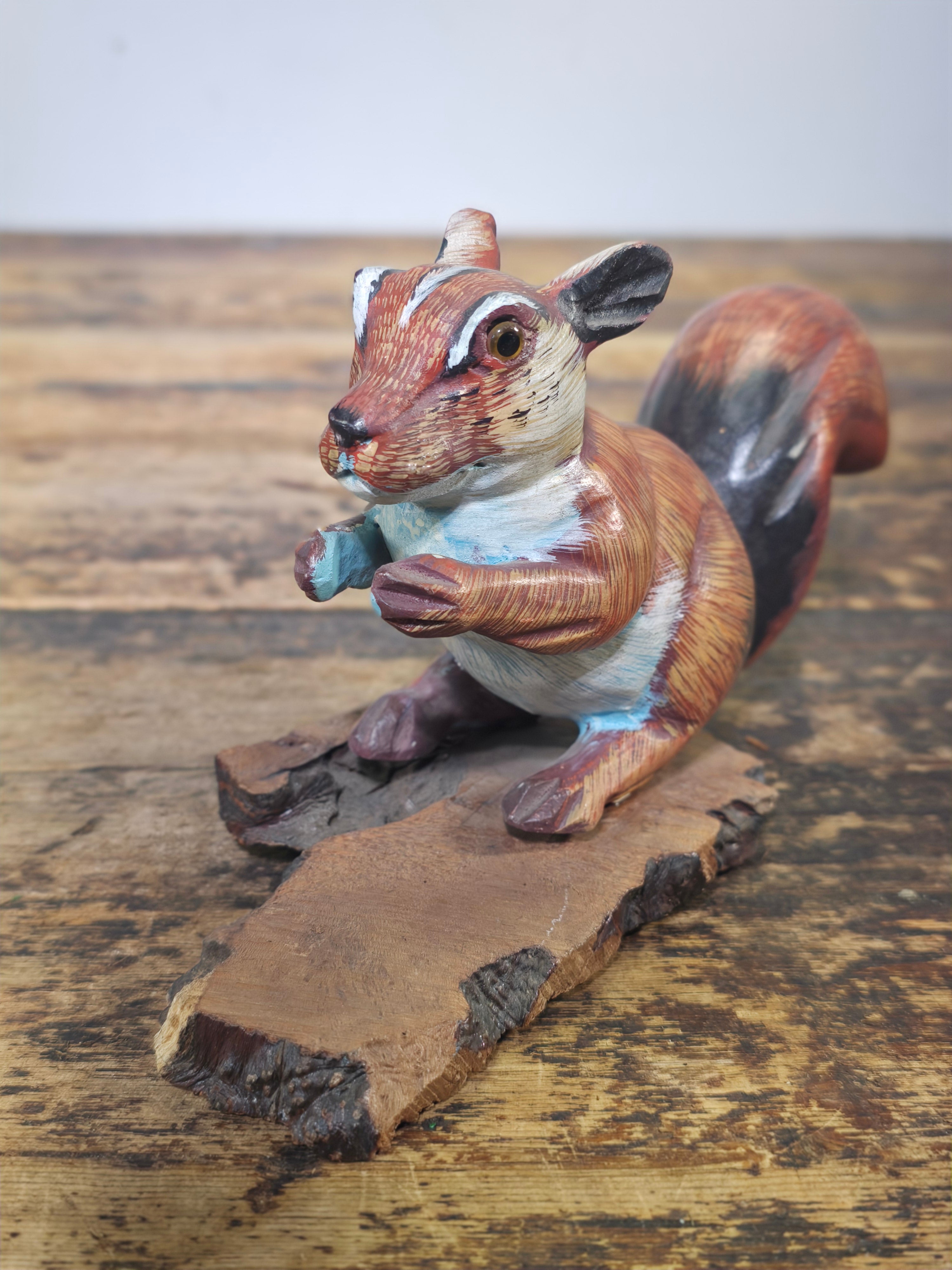 Vintage Hand-Carved Wood Squirrel Figurine on Natural Bark Base