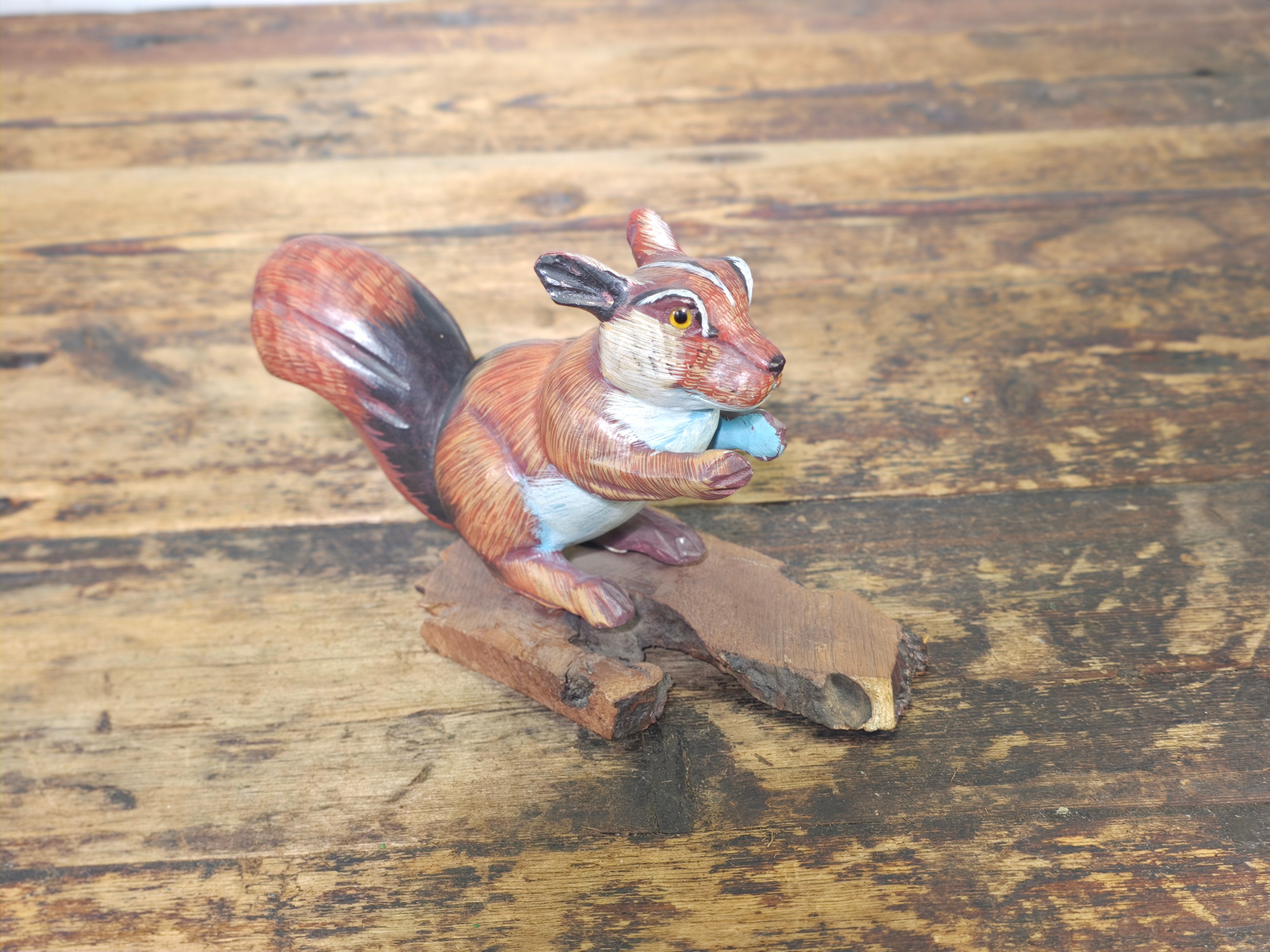 Vintage Hand-Carved Wood Squirrel Figurine on Natural Bark Base