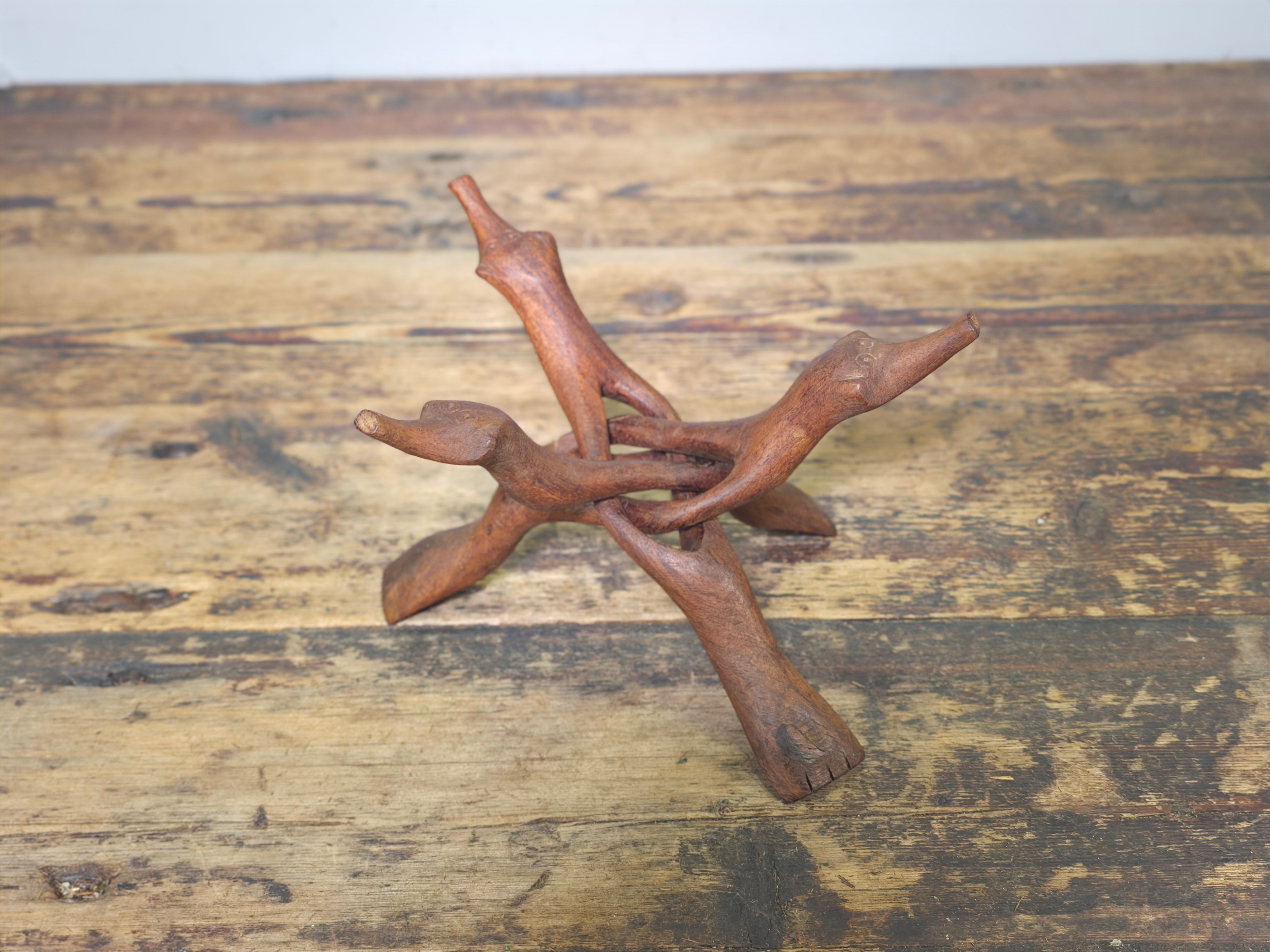 Vintage Hand-Carved Wooden Cobra Tripod Stand - Interlocking Folding Design