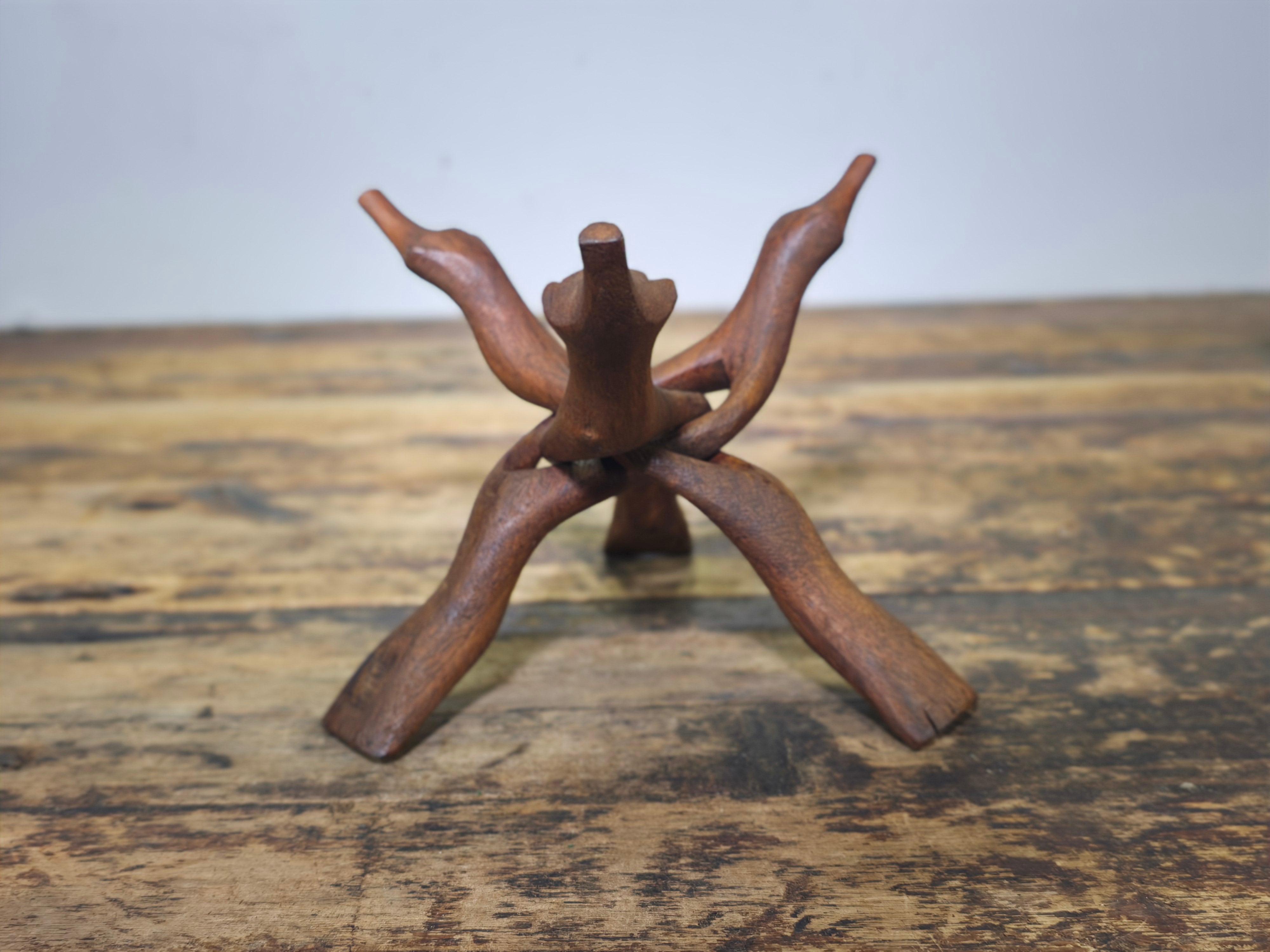 Vintage Hand-Carved Wooden Cobra Tripod Stand - Interlocking Folding Design