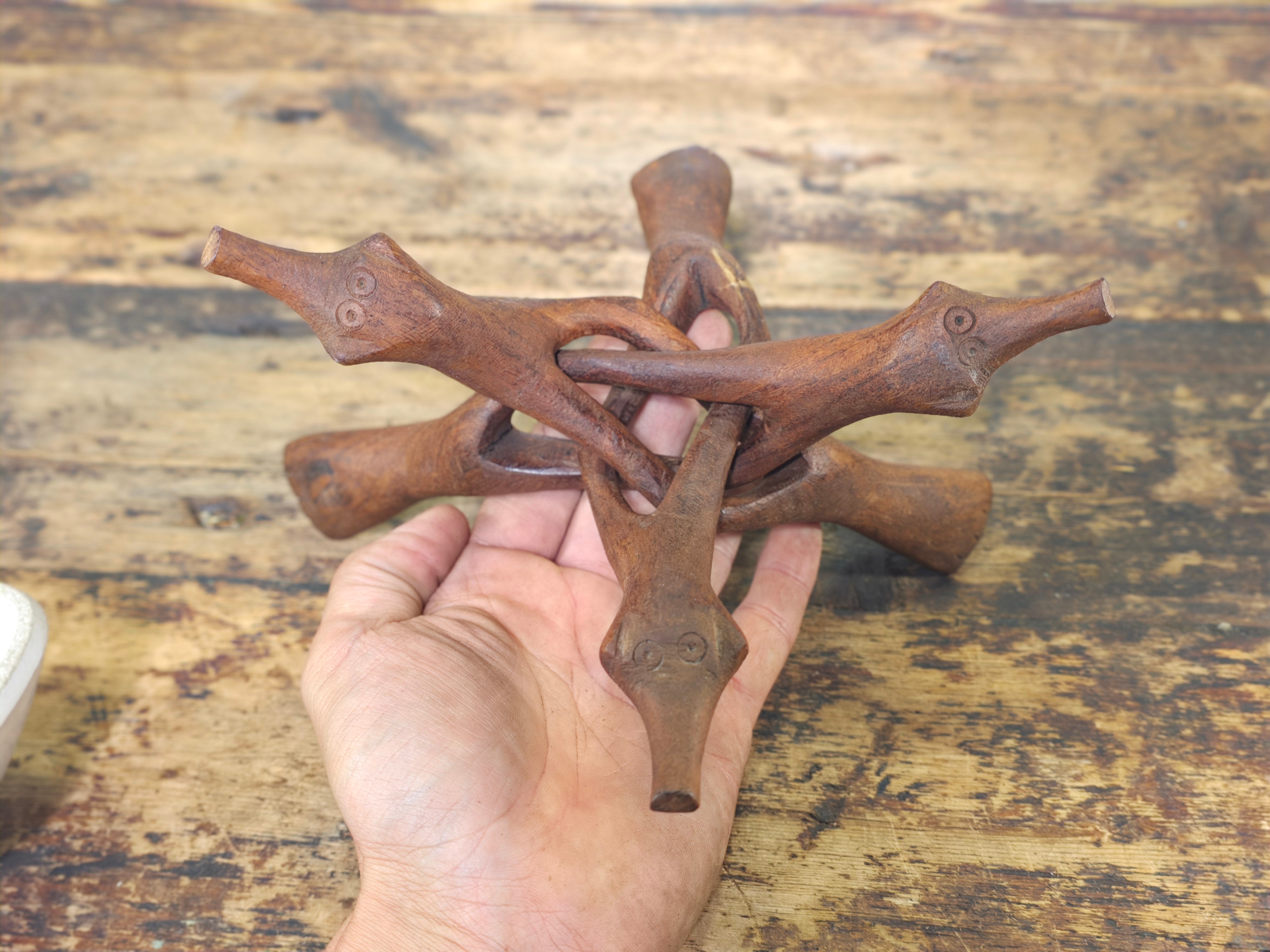 Vintage Hand-Carved Wooden Cobra Tripod Stand - Interlocking Folding Design