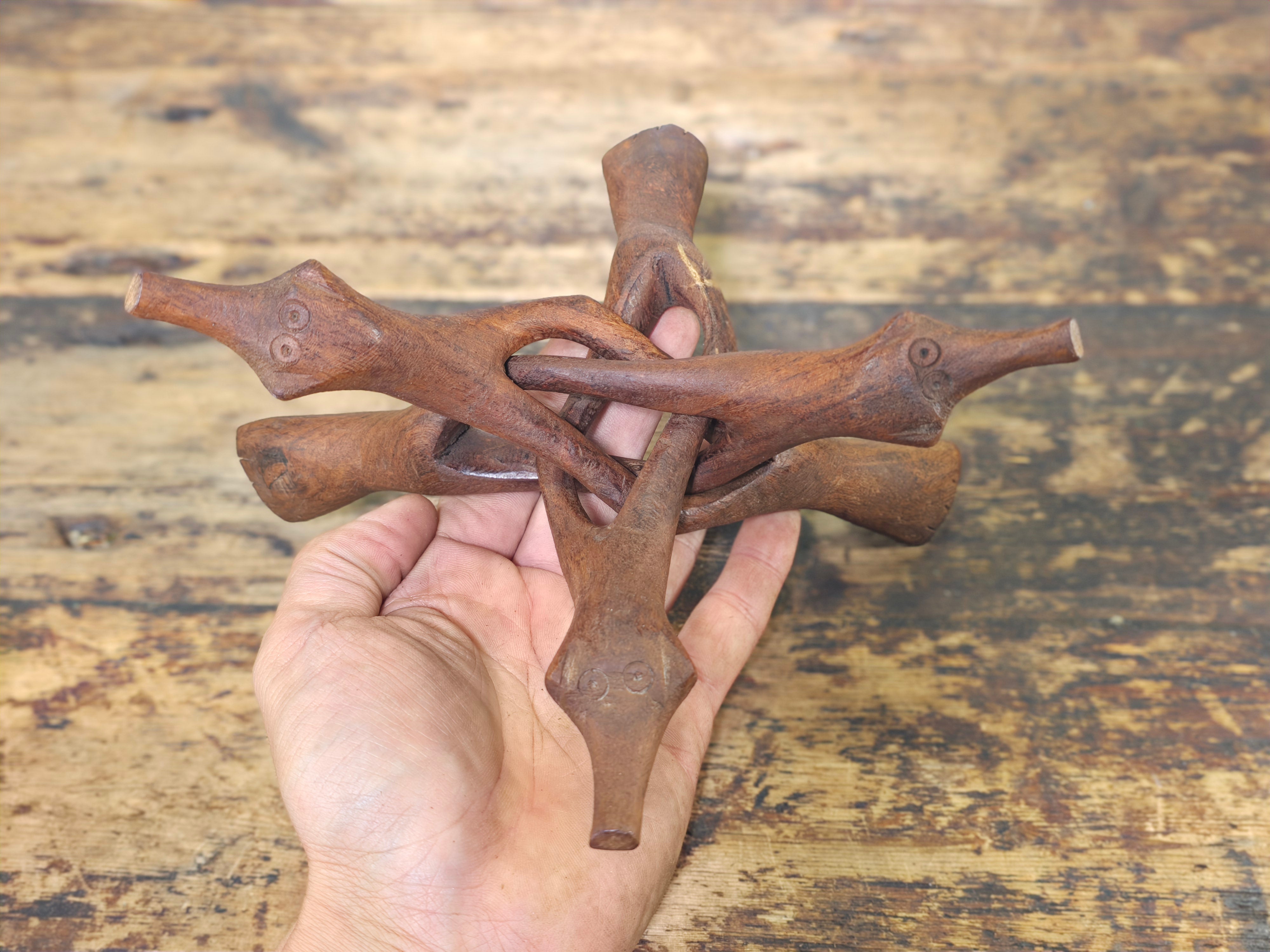 Vintage Hand-Carved Wooden Cobra Tripod Stand - Interlocking Folding Design