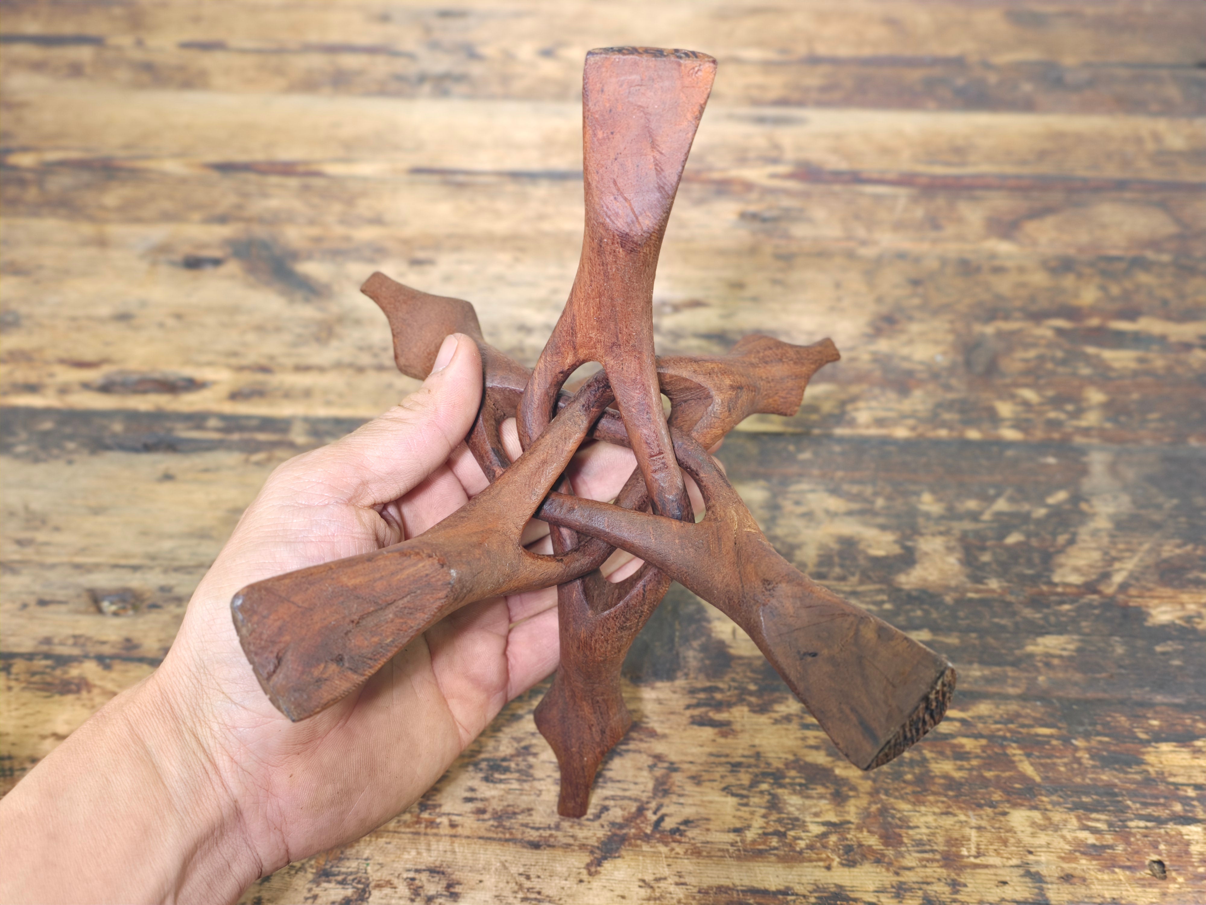 Vintage Hand-Carved Wooden Cobra Tripod Stand - Interlocking Folding Design