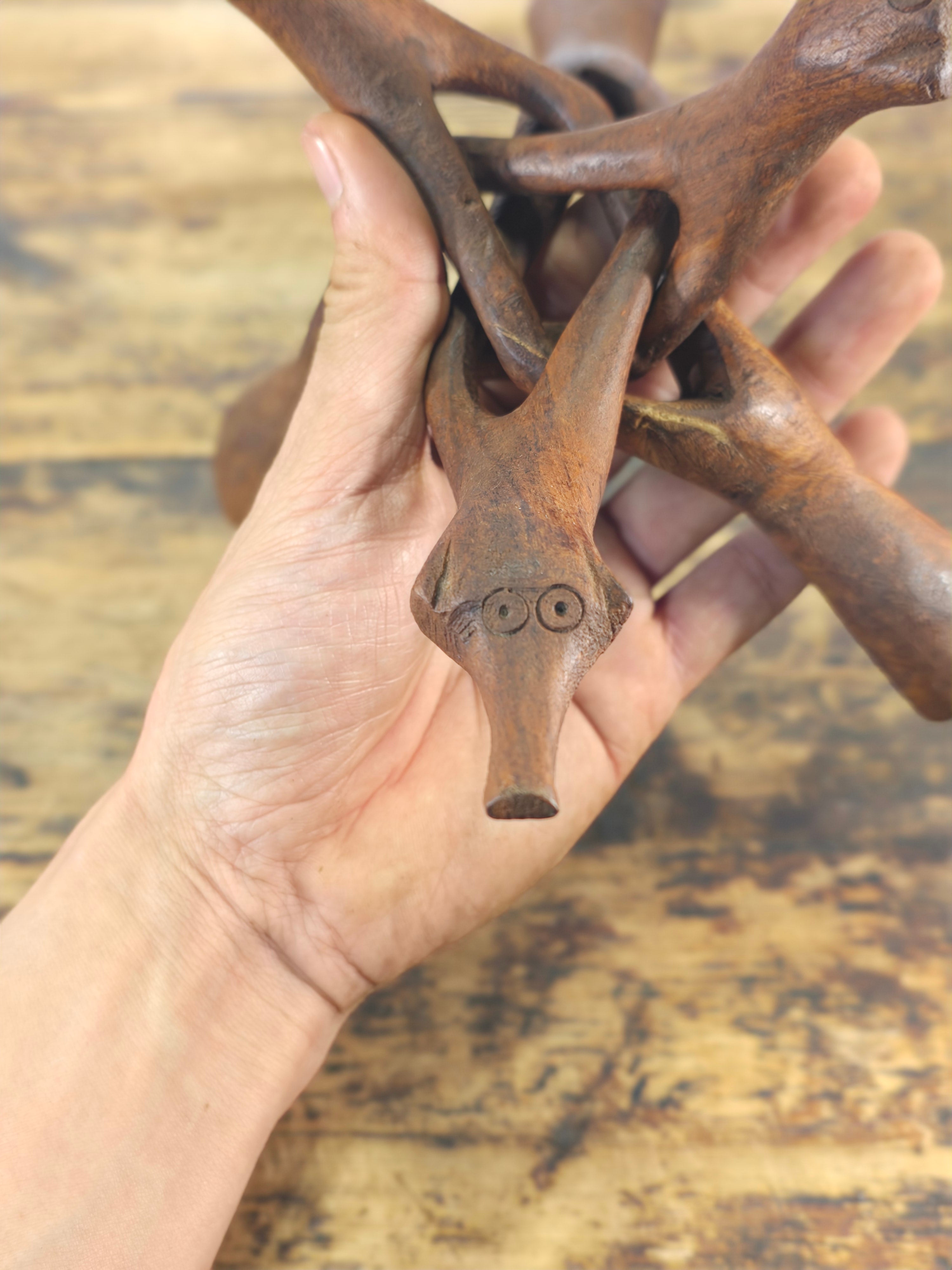 Vintage Hand-Carved Wooden Cobra Tripod Stand - Interlocking Folding Design