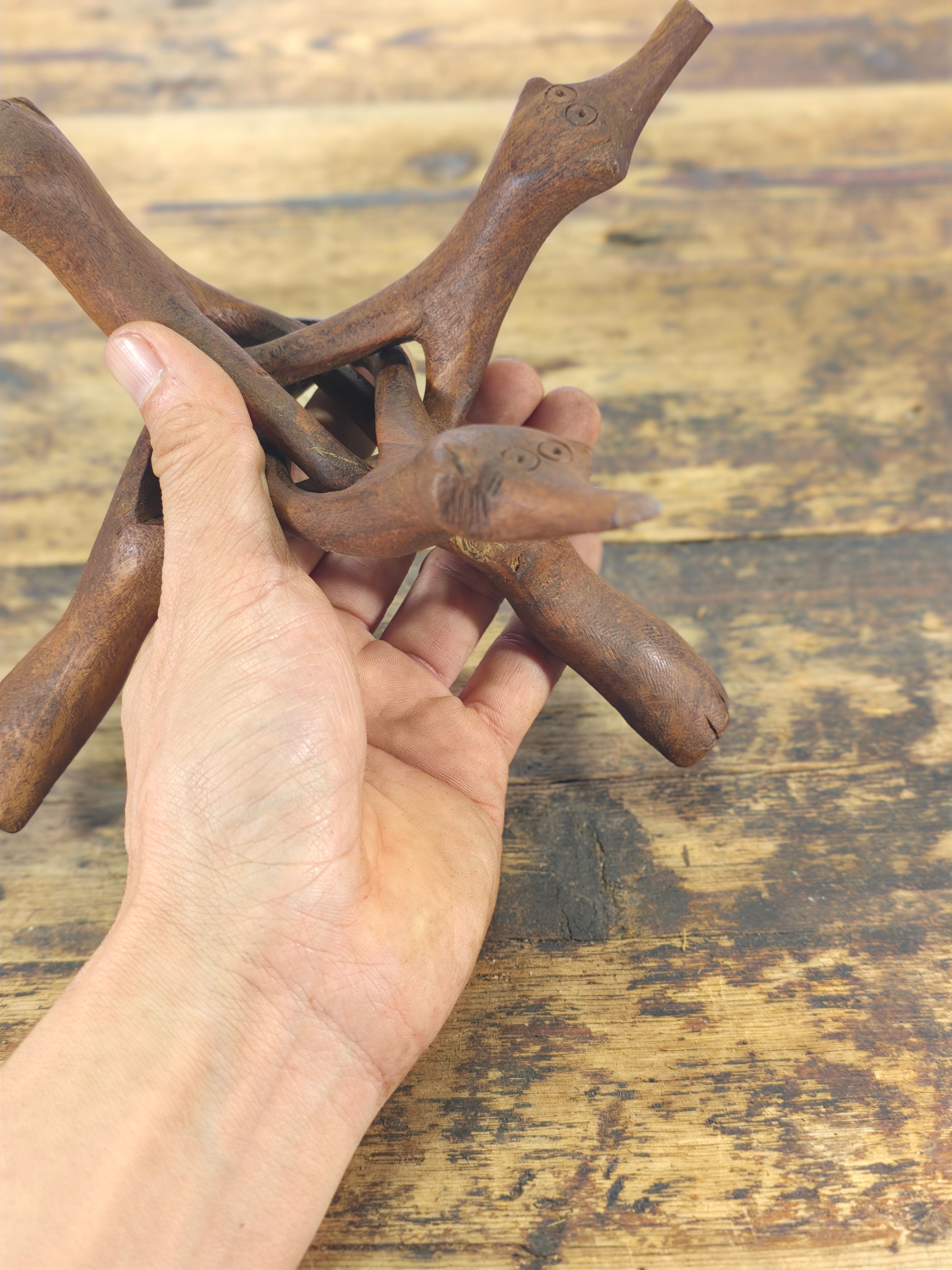 Vintage Hand-Carved Wooden Cobra Tripod Stand - Interlocking Folding Design