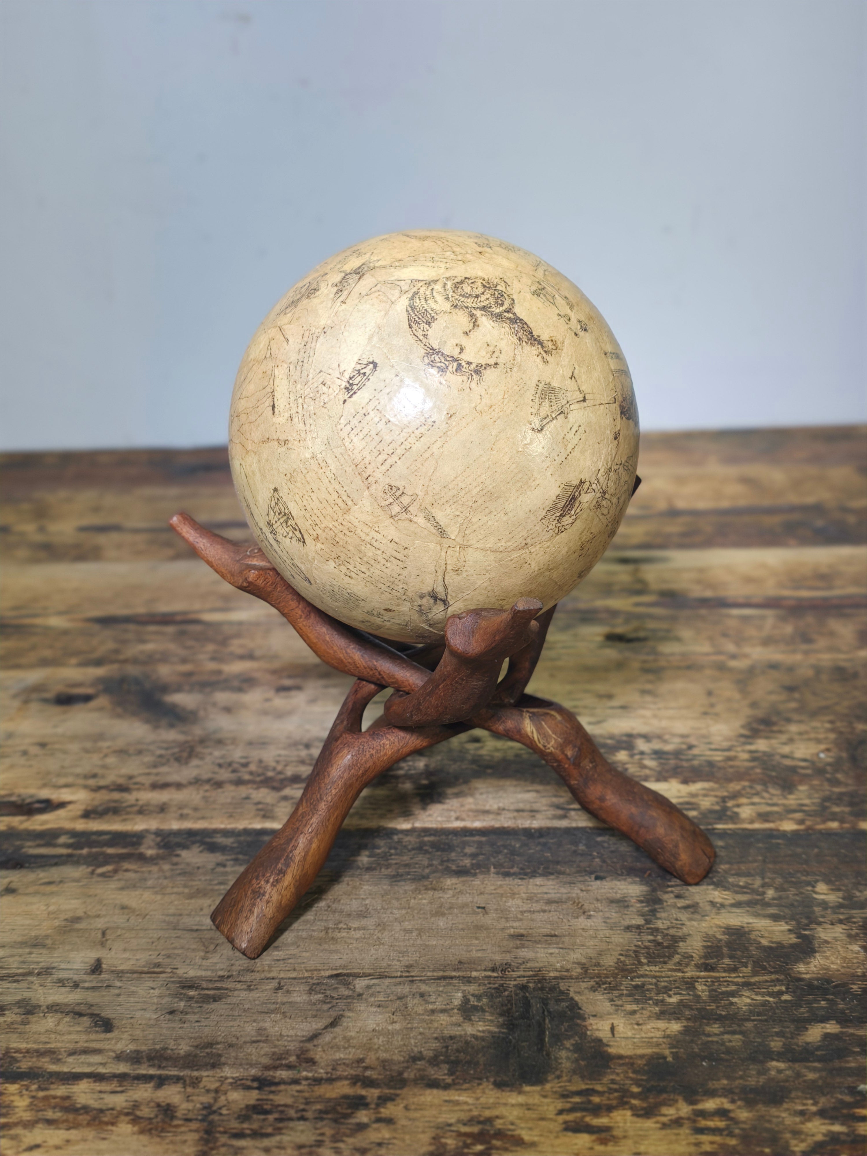 Vintage Hand-Carved Wooden Cobra Tripod Stand - Interlocking Folding Design