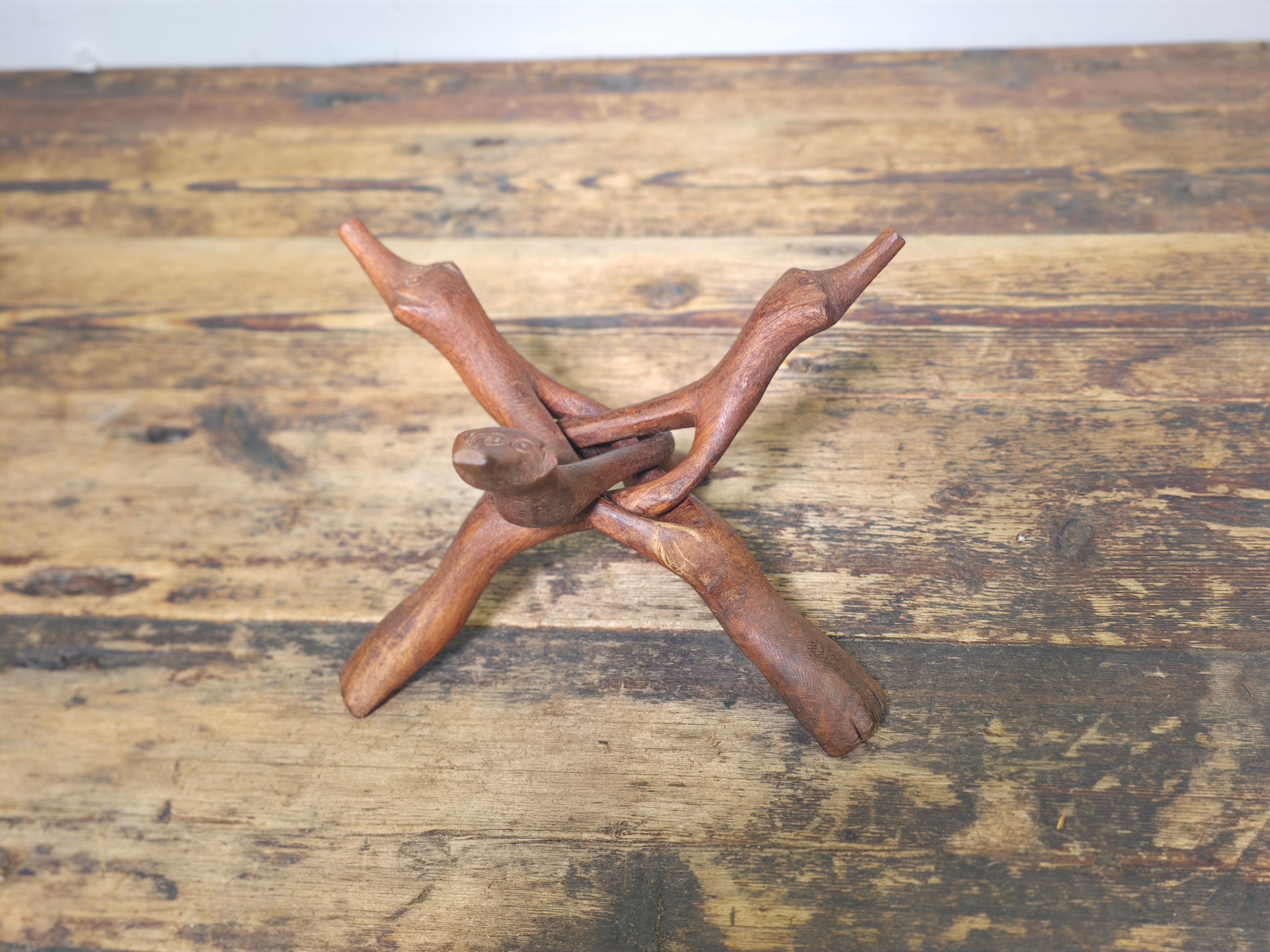 Vintage Hand-Carved Wooden Cobra Tripod Stand - Interlocking Folding Design