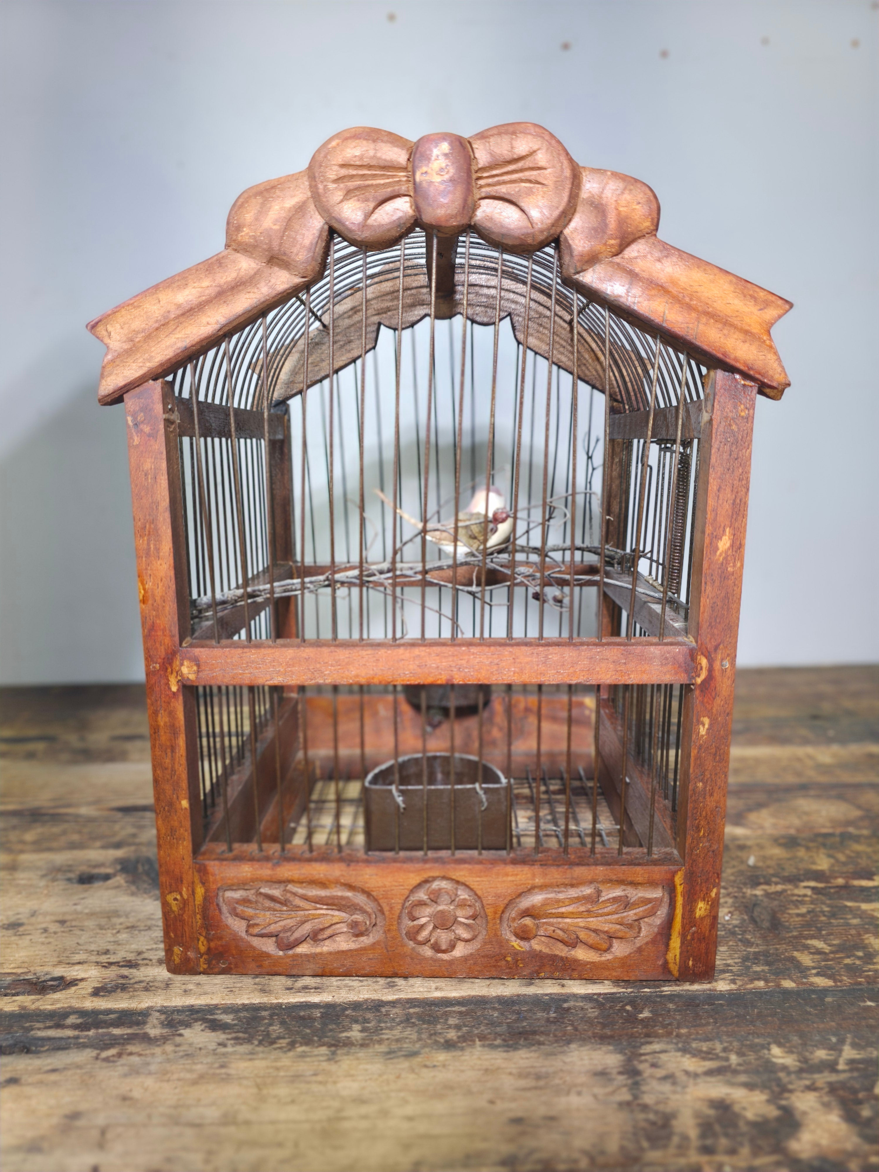 Vintage Hand-Carved Wood Birdcage - Large Floral & Bow Detailing with Songbird