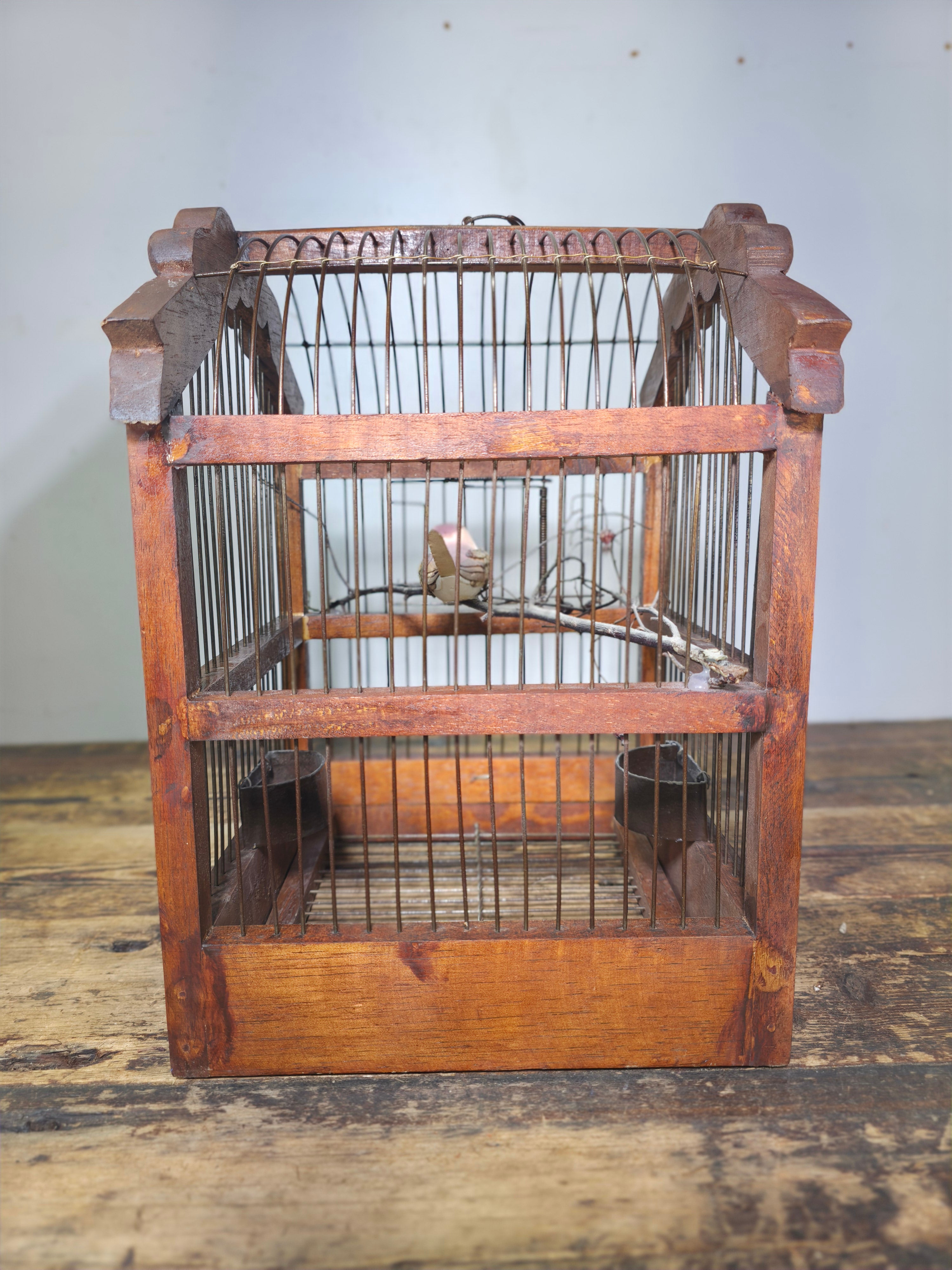 Vintage Hand-Carved Wood Birdcage - Large Floral & Bow Detailing with Songbird