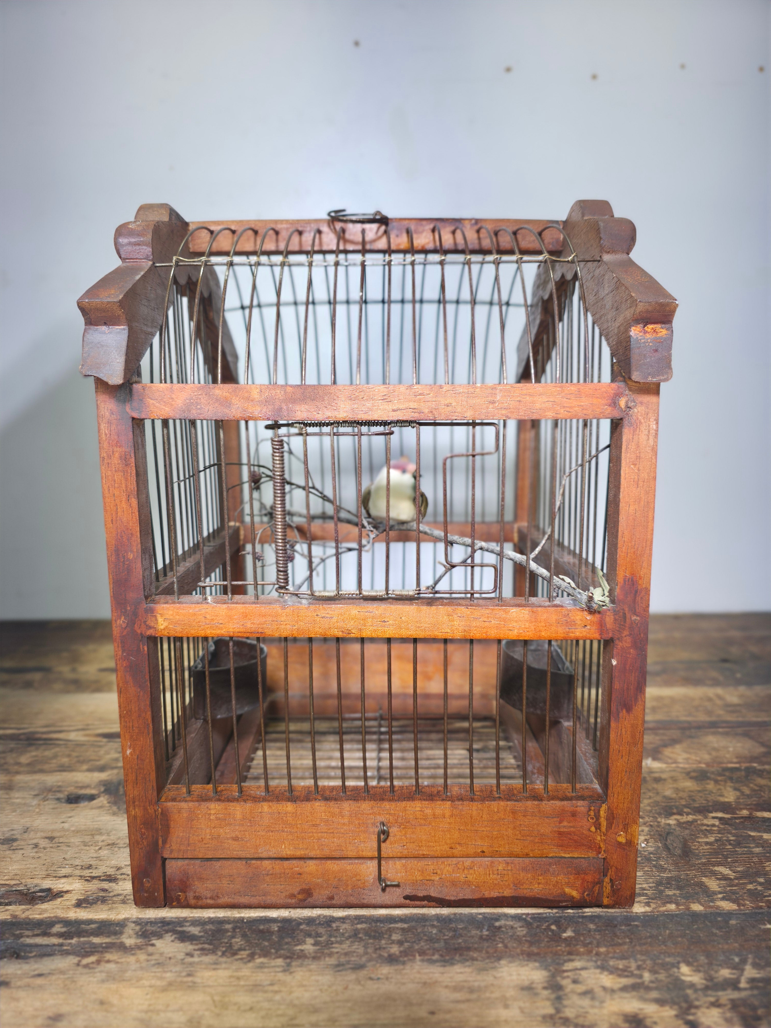Vintage Hand-Carved Wood Birdcage - Large Floral & Bow Detailing with Songbird