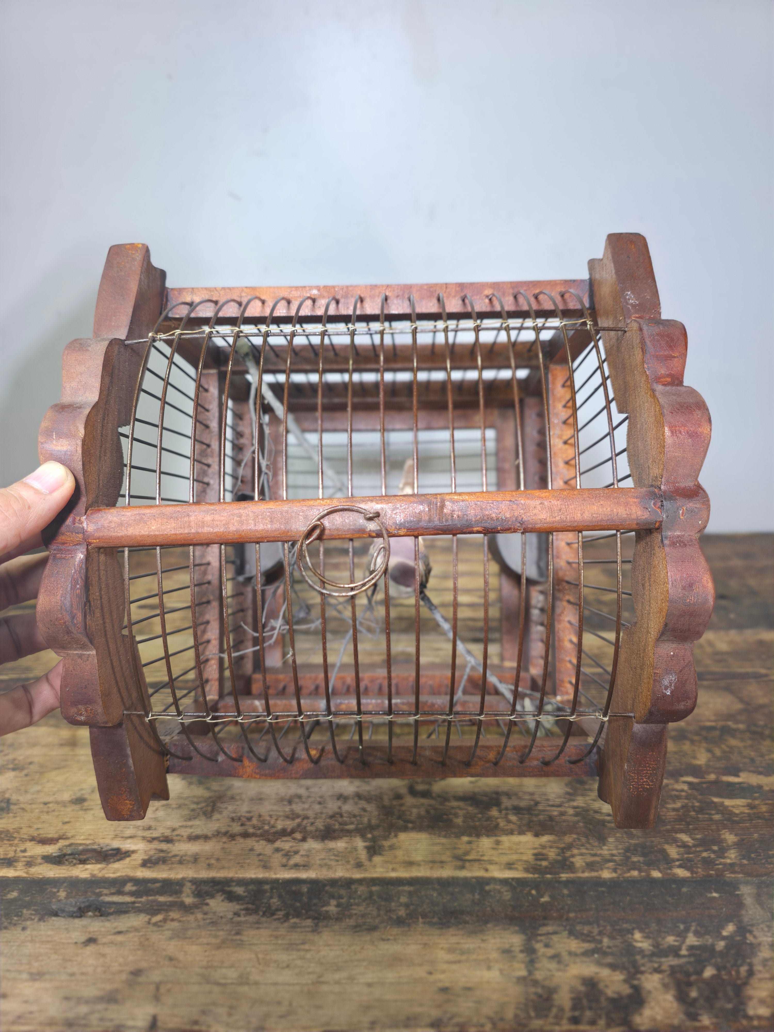 Vintage Hand-Carved Wood Birdcage - Large Floral & Bow Detailing with Songbird