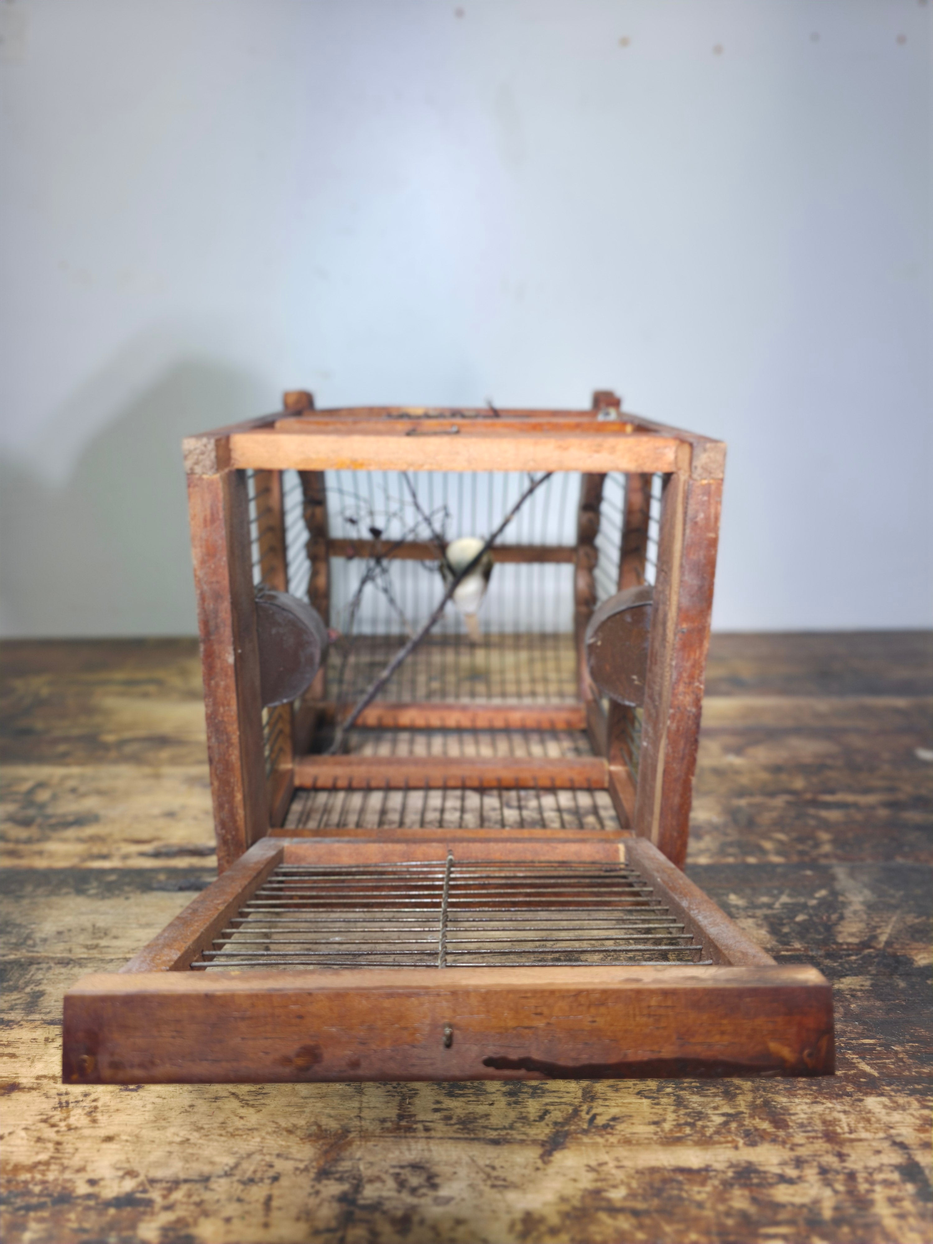 Vintage Hand-Carved Wood Birdcage - Large Floral & Bow Detailing with Songbird