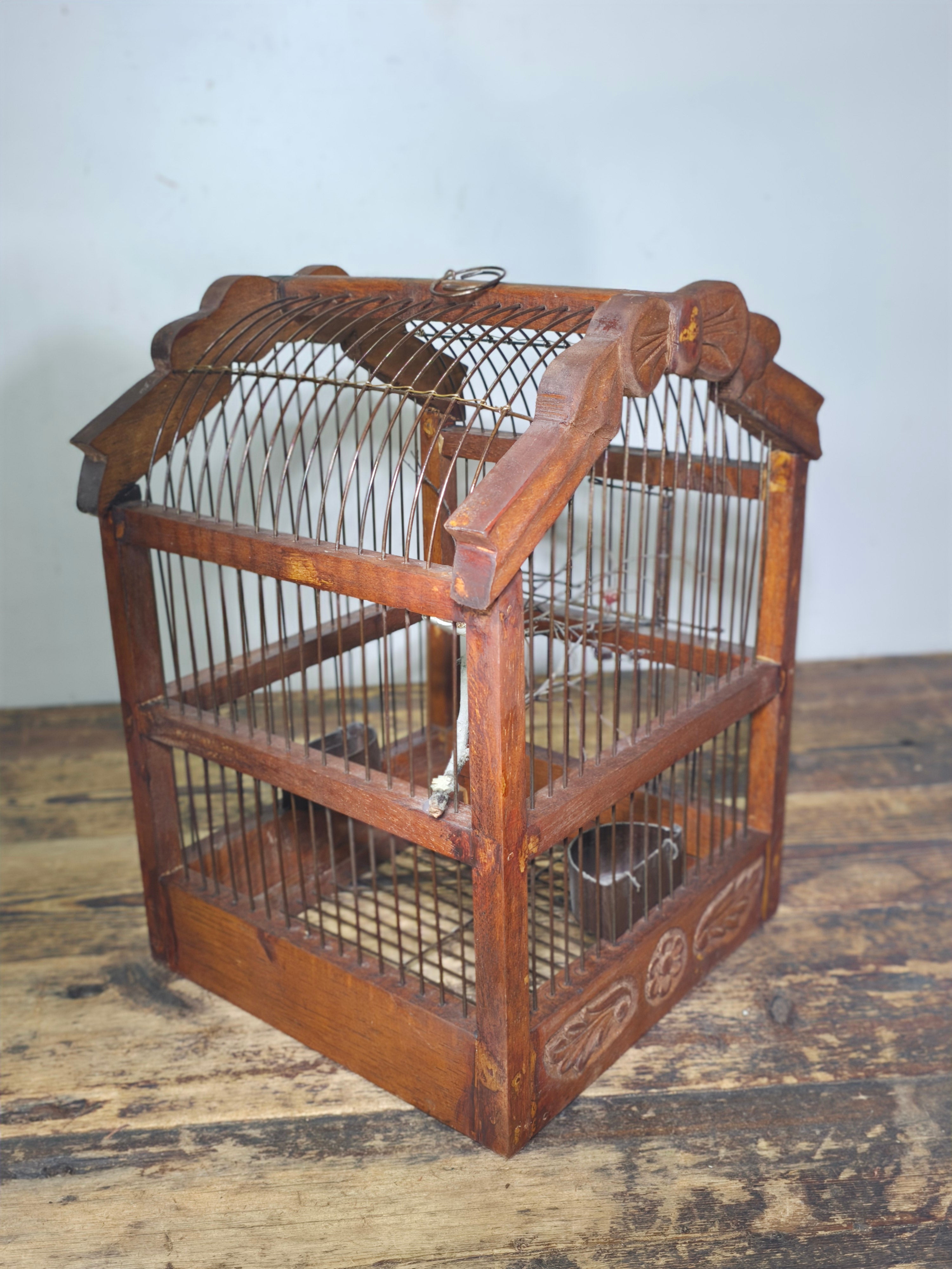 Vintage Hand-Carved Wood Birdcage - Large Floral & Bow Detailing with Songbird