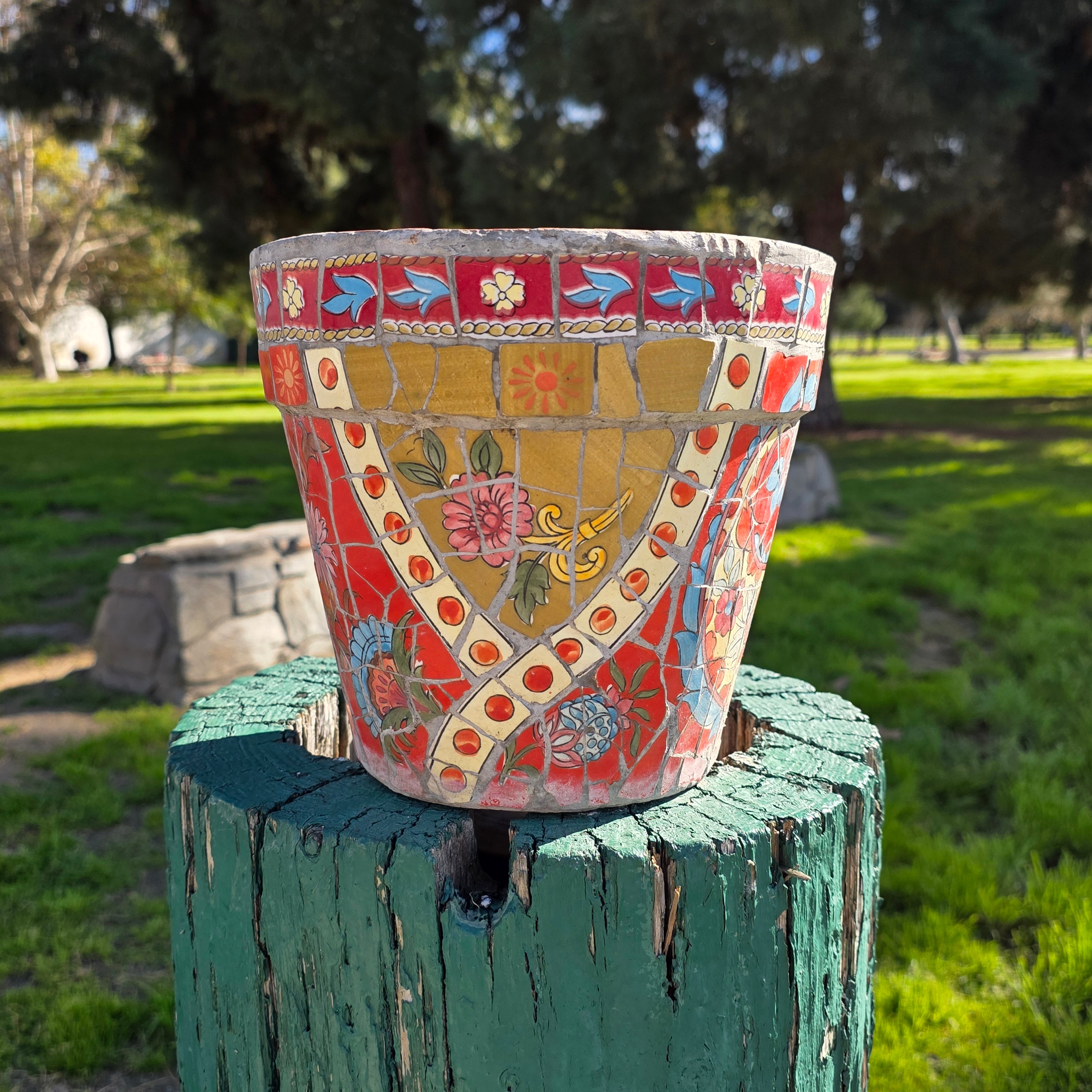 Vintage Handcrafted Mosaic Tile Planter - Vibrant Floral & Paisley Motif - 8.5" (As-Is)